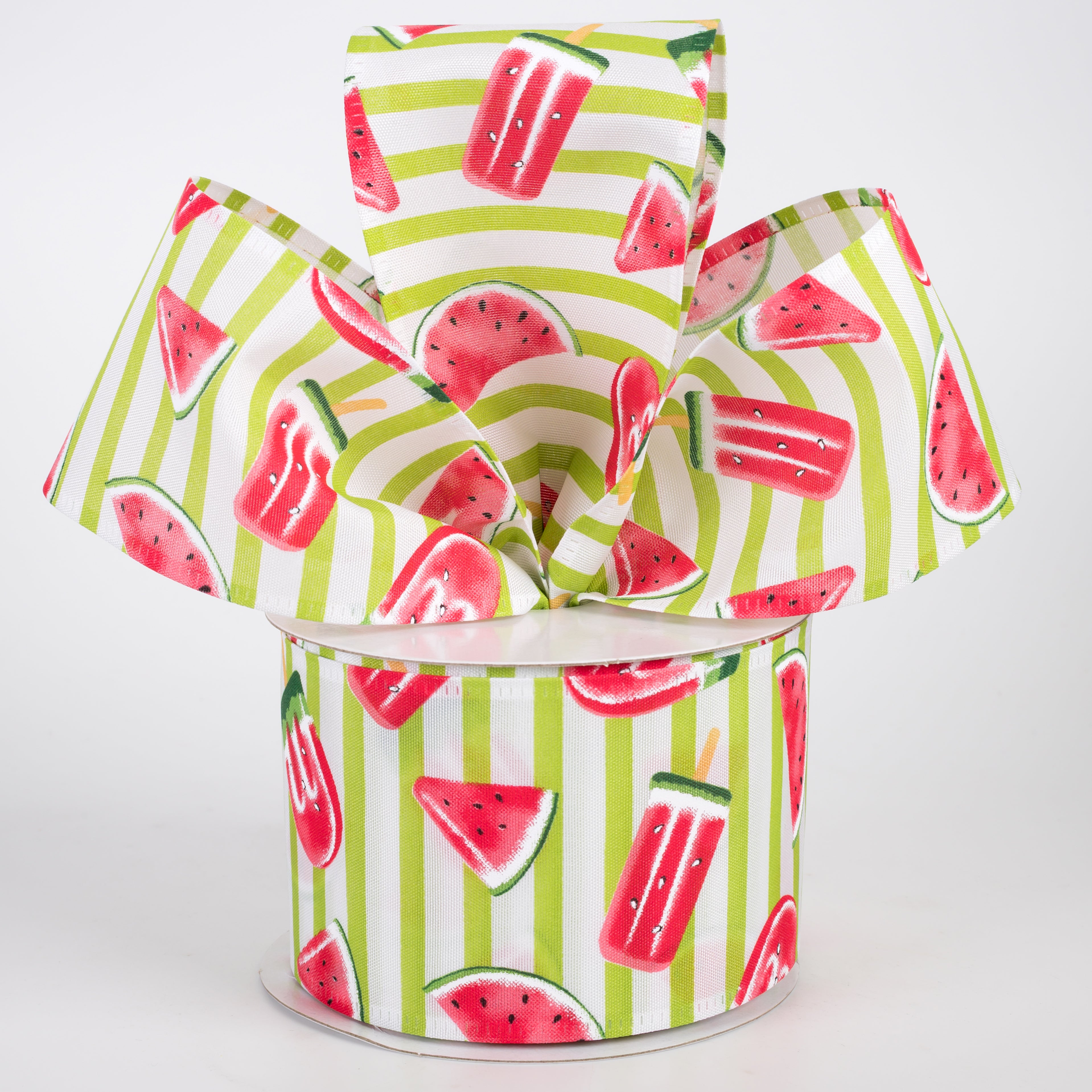 2.5" Watermelon Fruit & Popsicle Ribbon: Lime & White Stripes (10 Yards)