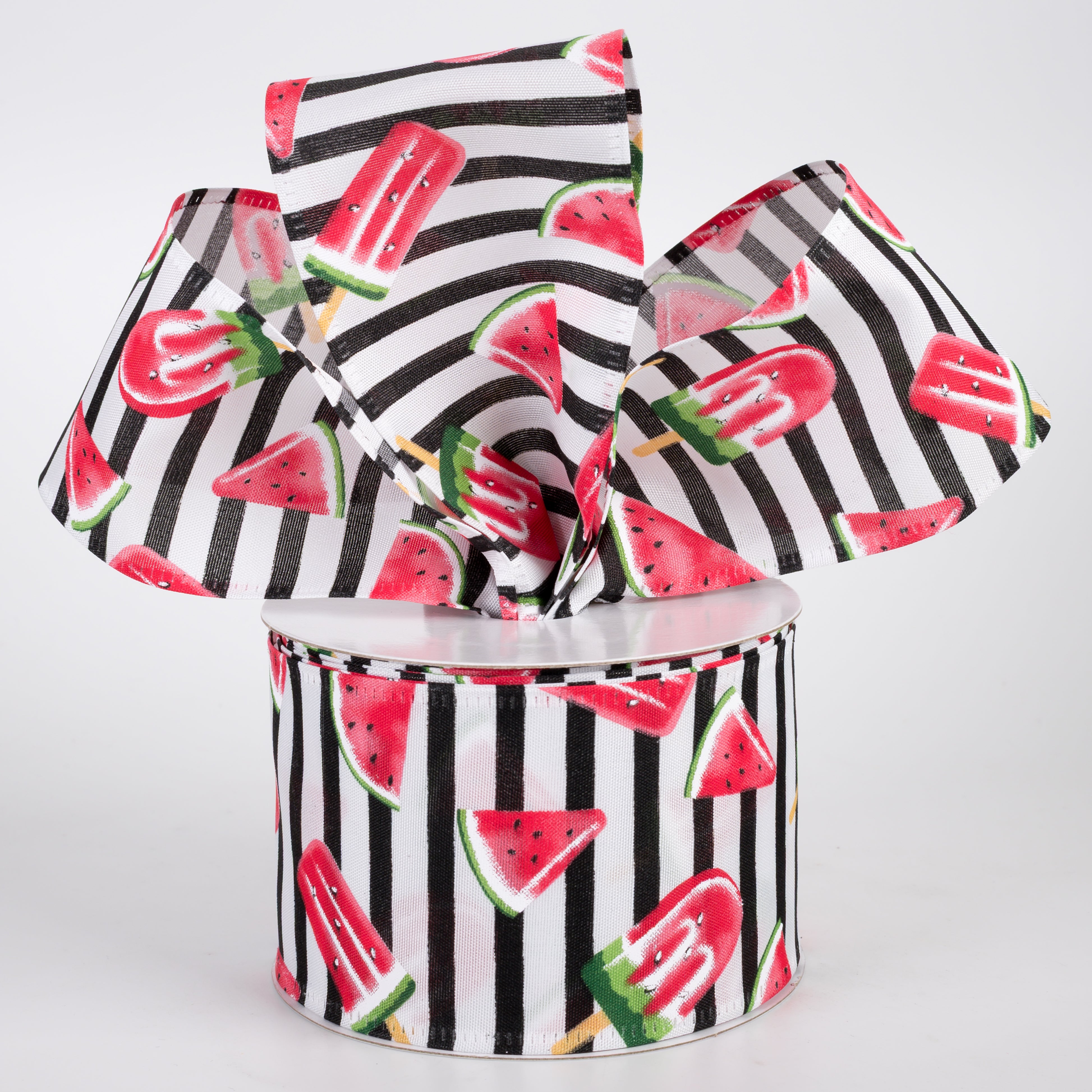 2.5" Watermelon Fruit & Popsicle Ribbon: Black & White Stripes (10 Yards)