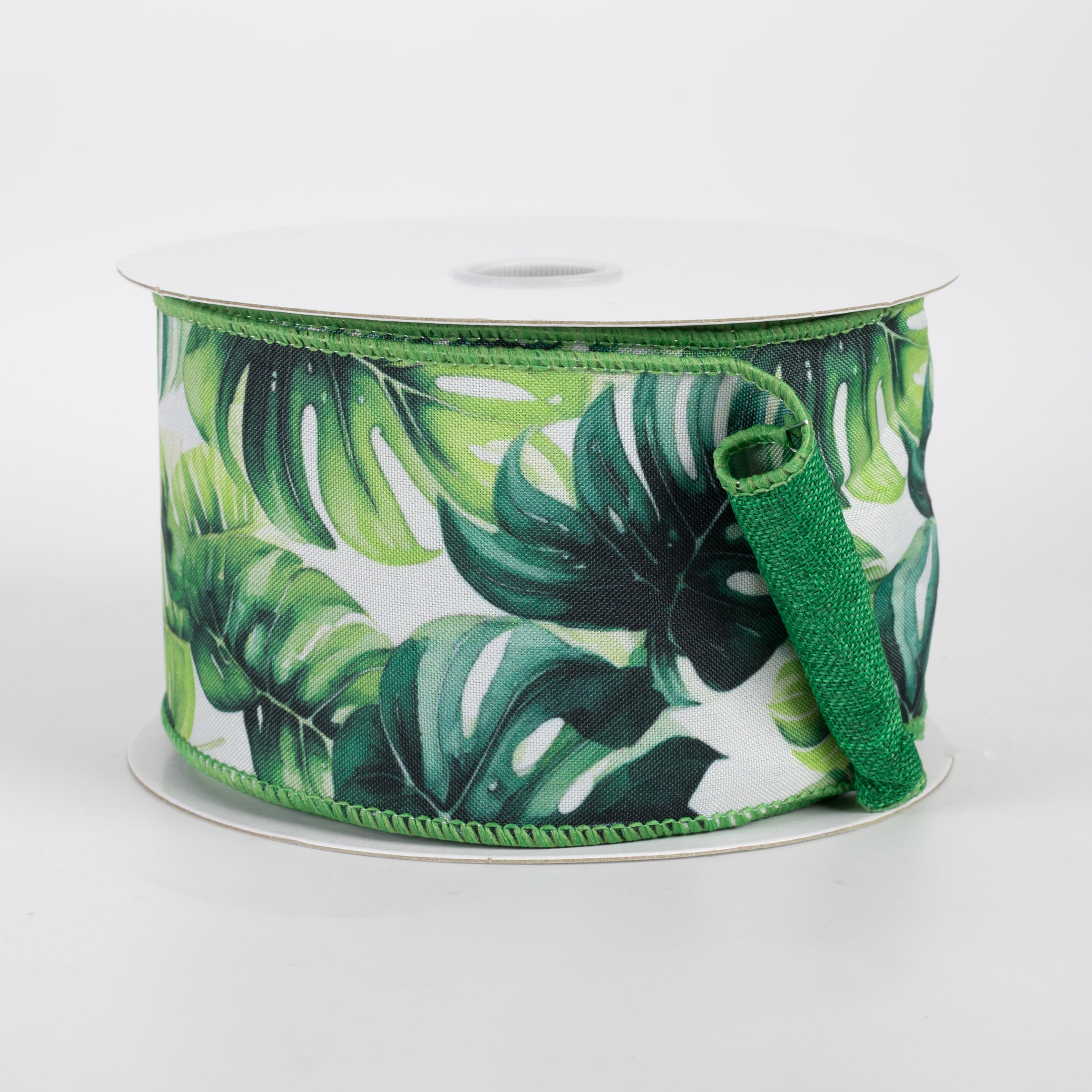 2.5" Double Sided Fused Lush Monstera Leaves Ribbon: Green (10 Yards)