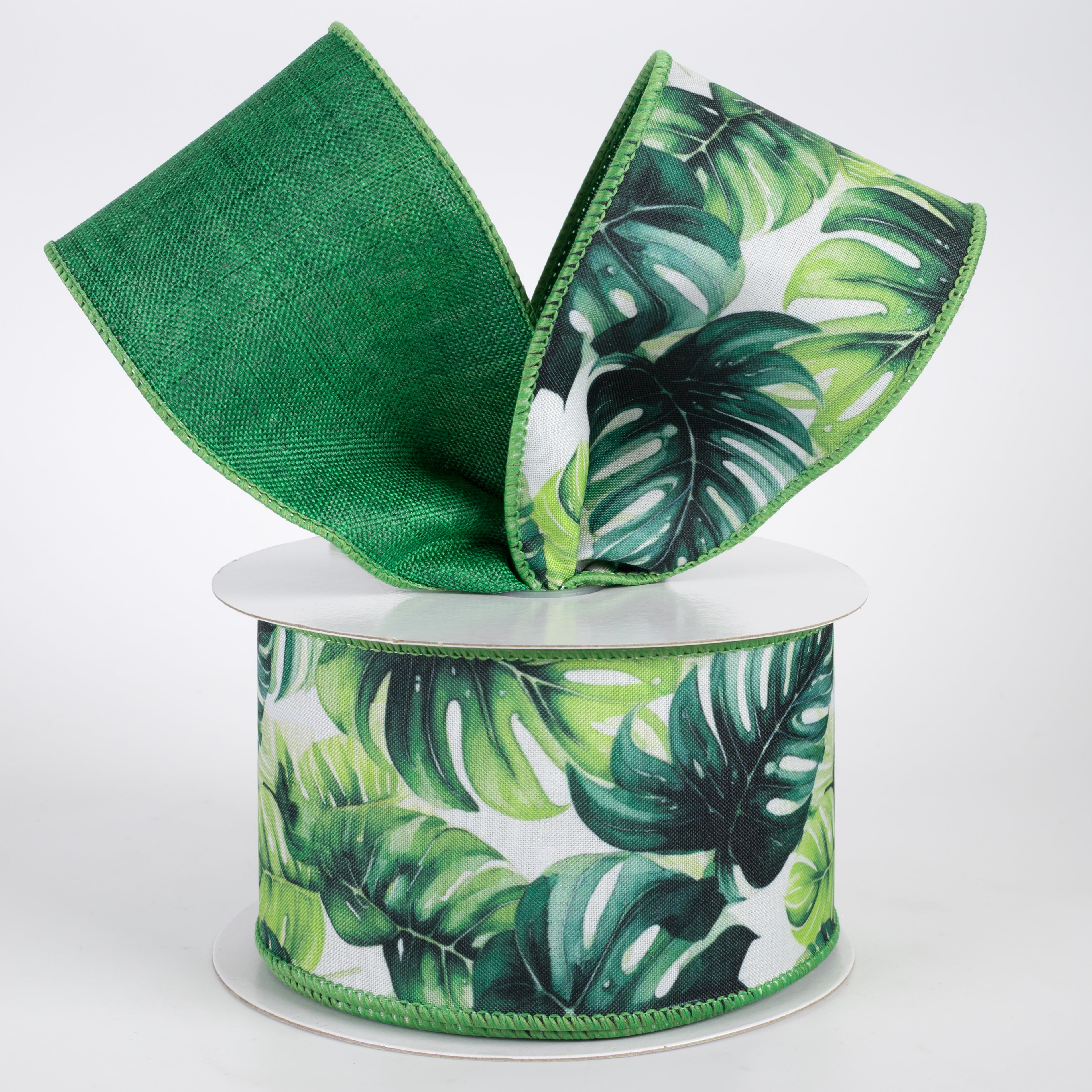 2.5" Double Sided Fused Lush Monstera Leaves Ribbon: Green (10 Yards)