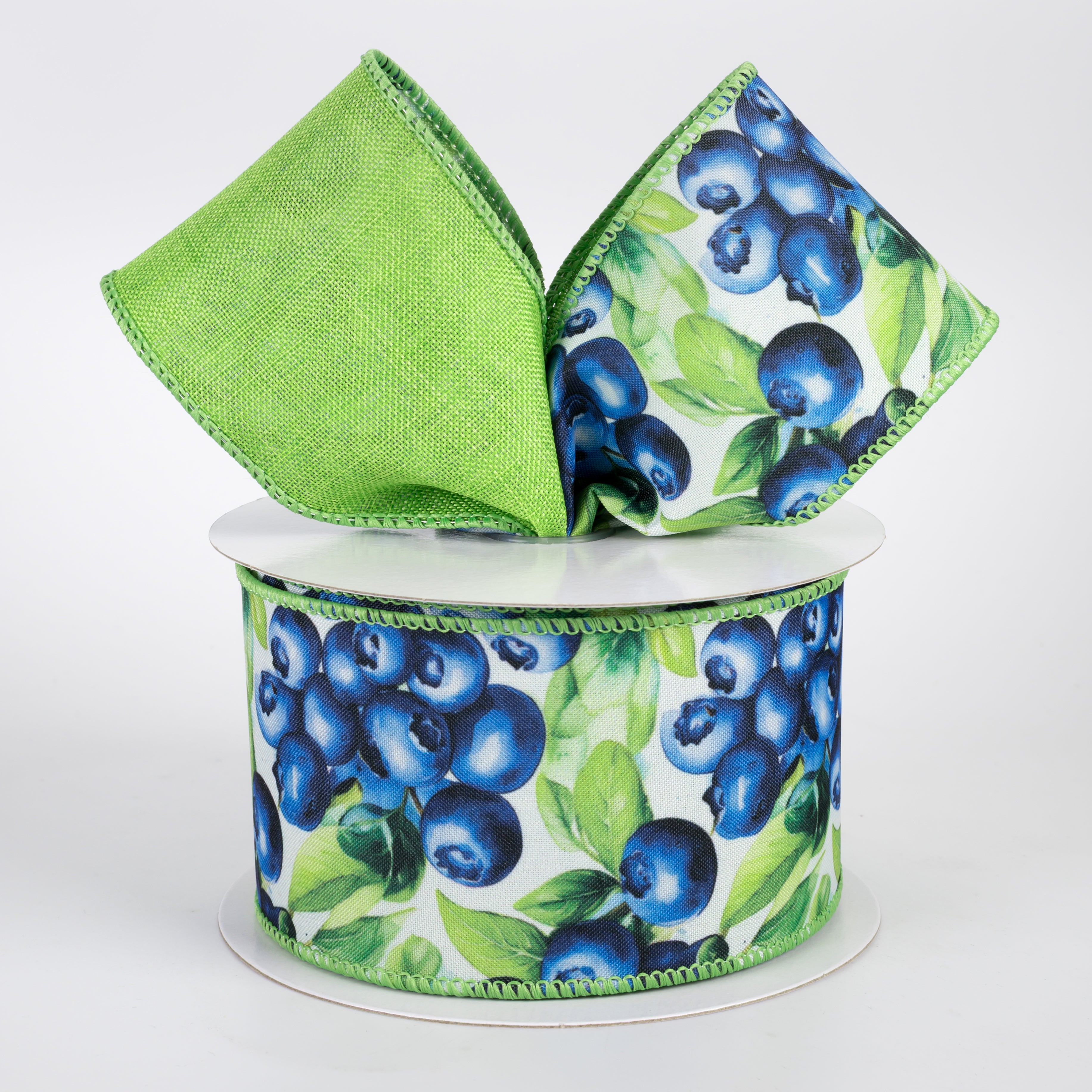 2.5" Double Sided Fused Jumbo Blueberries Ribbon: Lime Green (10 Yards)