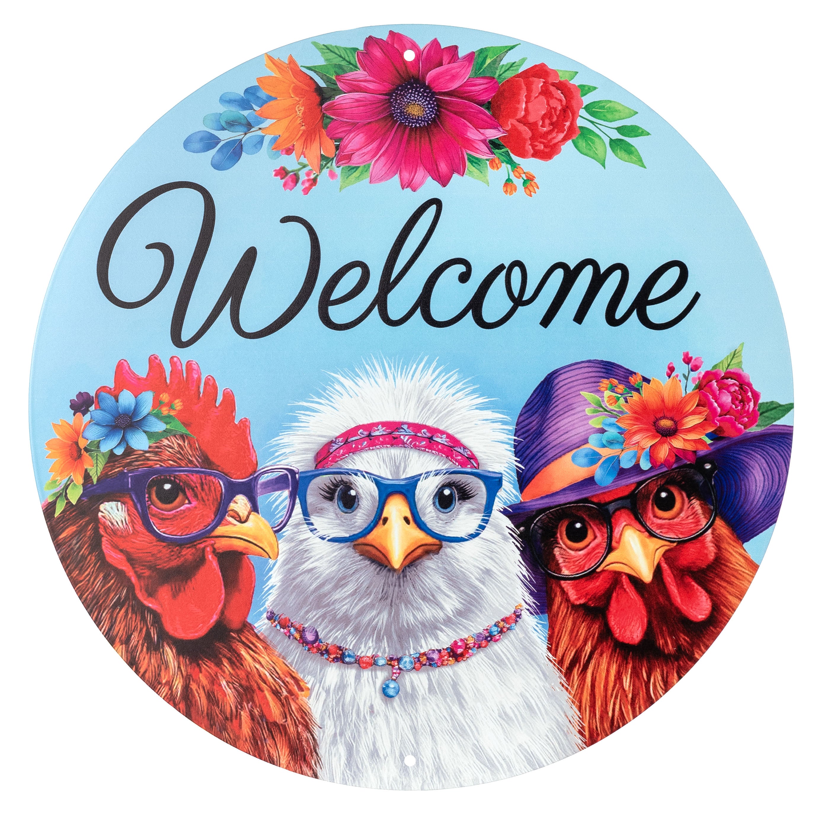 12" Round Metal Sign: Crazy Bandana Chickens Welcome
