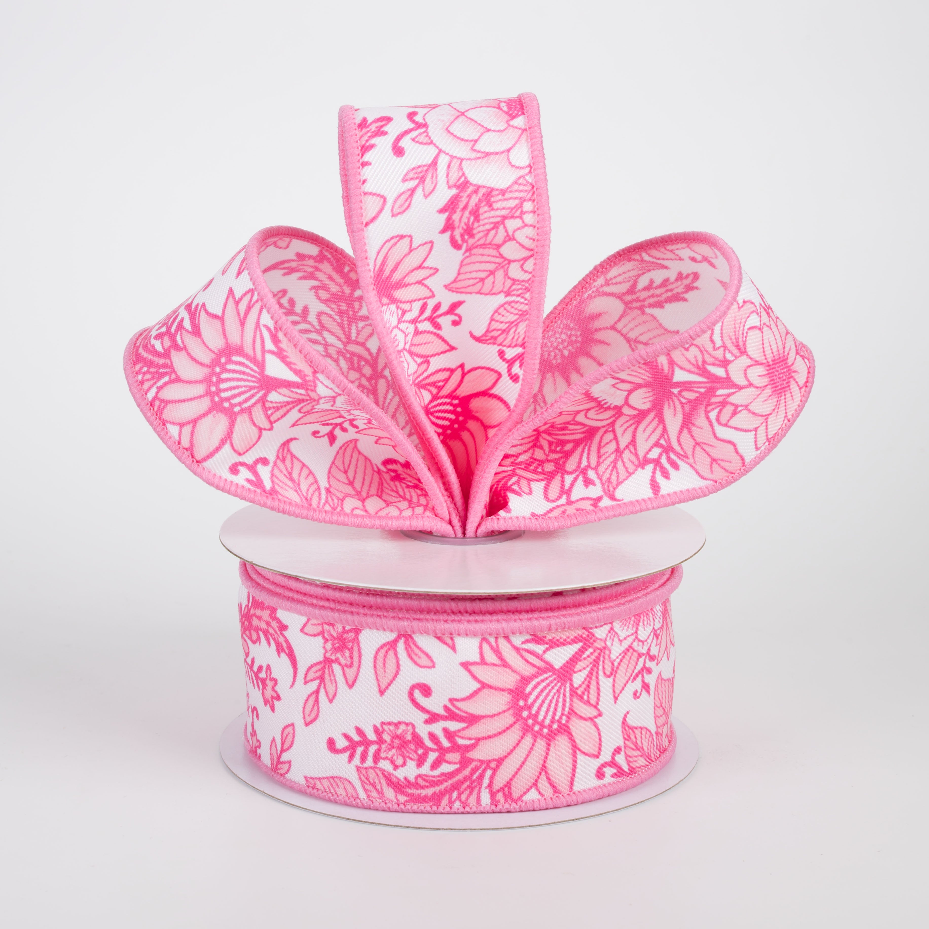 1.5" Chinoiserie Florals Ribbon: Pinks on White (10 Yards)
