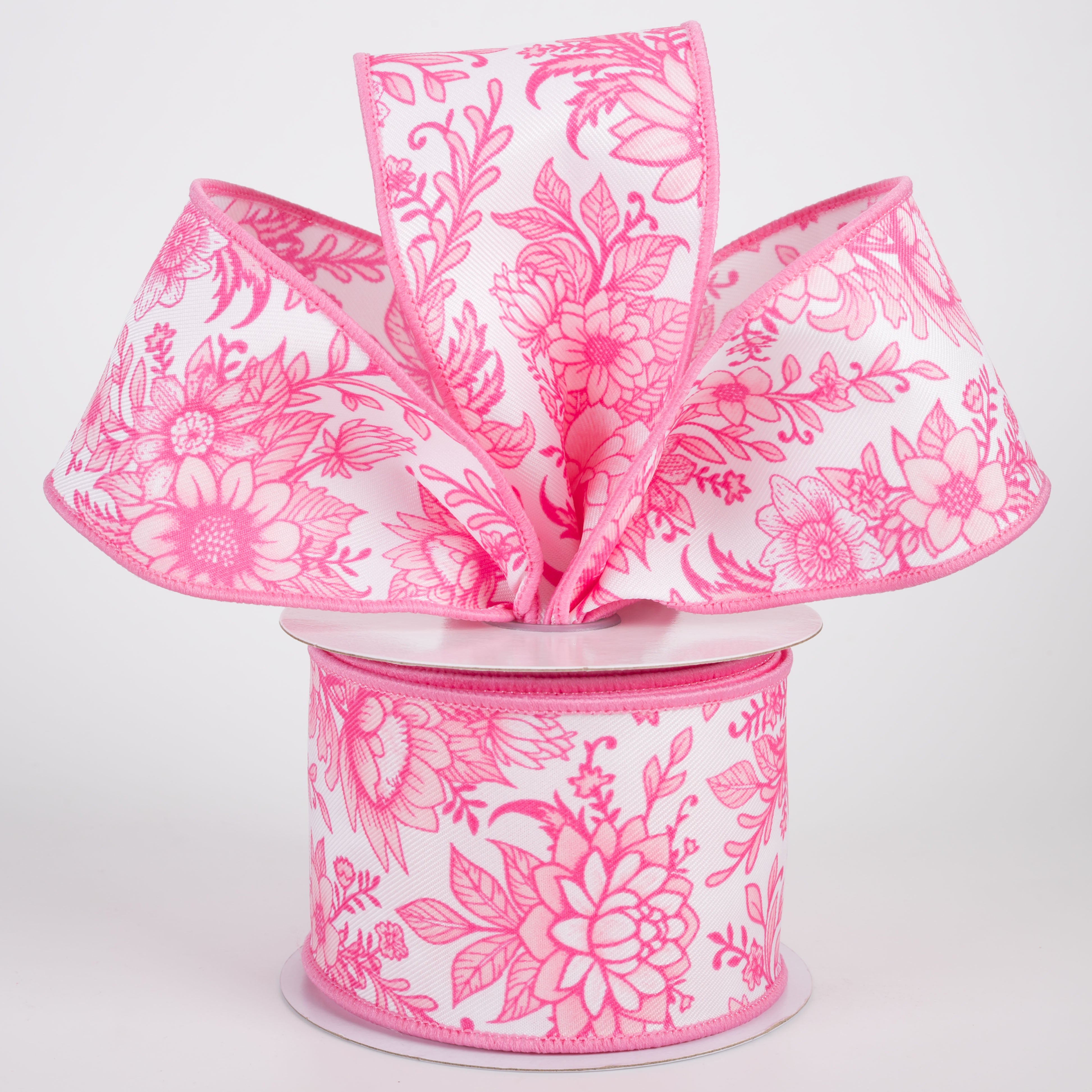2.5" Chinoiserie Florals Ribbon: Pinks on White (10 Yards)