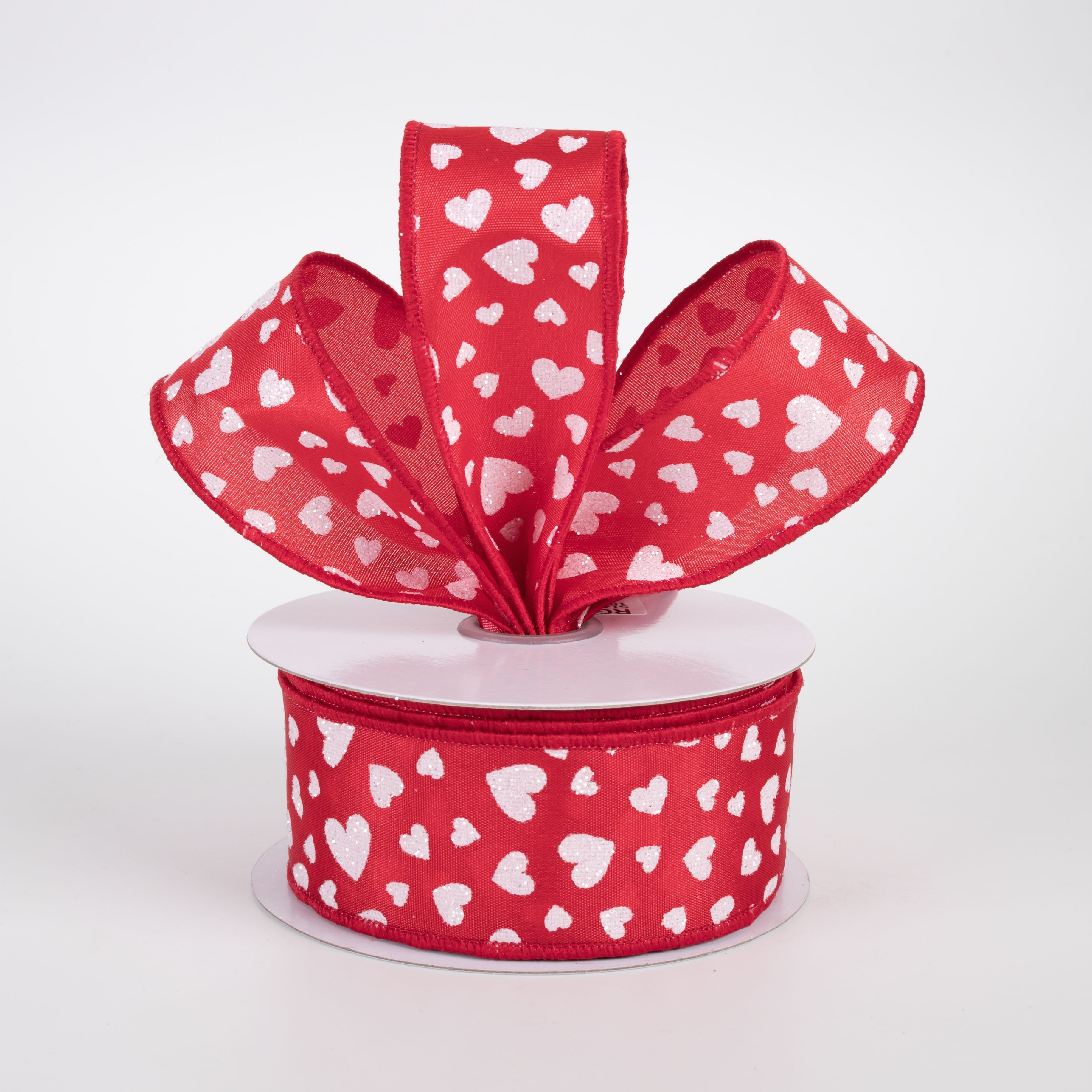 1.5" Glitter Mini Hearts Ribbon: White on Red (10 Yards)