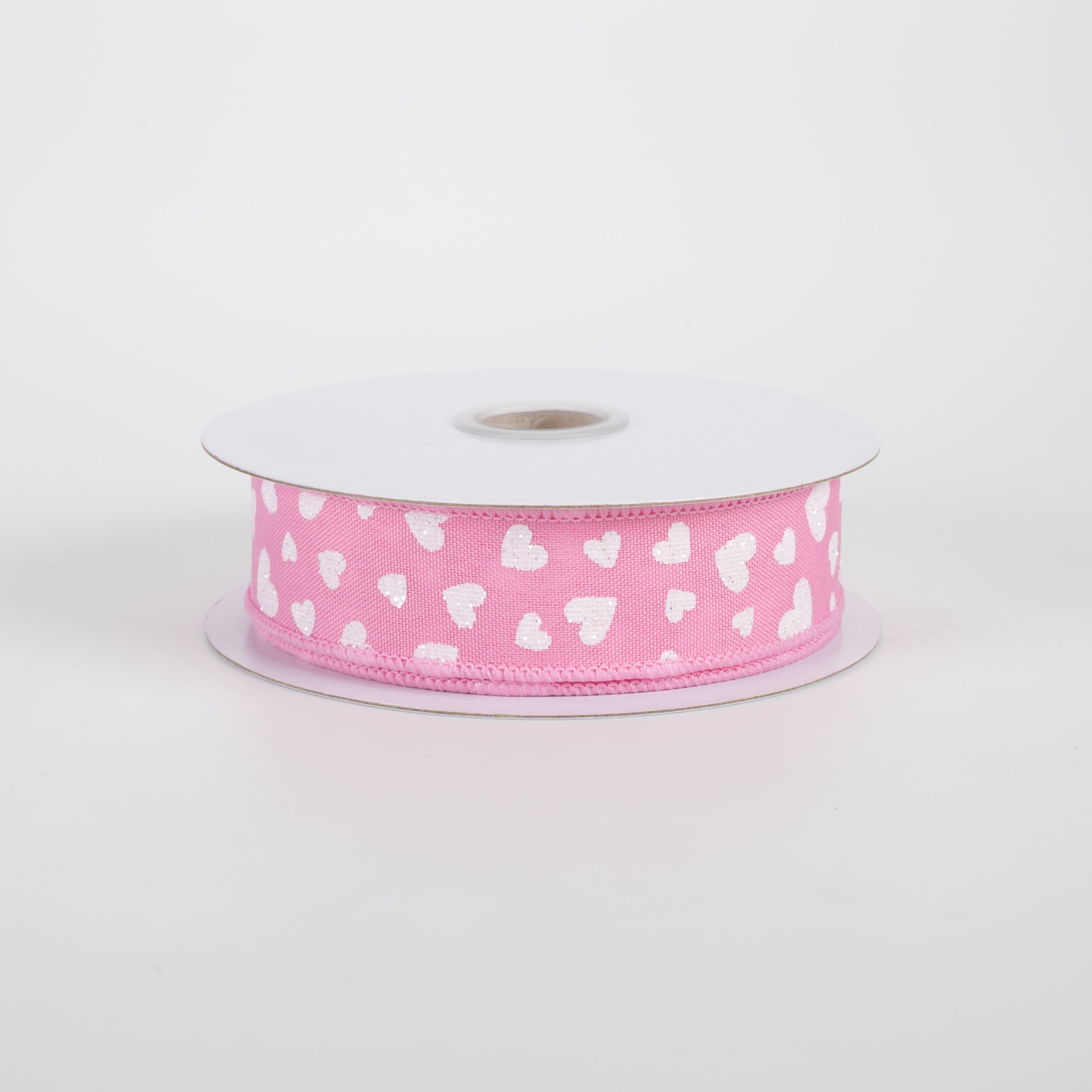 7/8" Glitter Mini Hearts Ribbon: White on Pink (10 Yards)