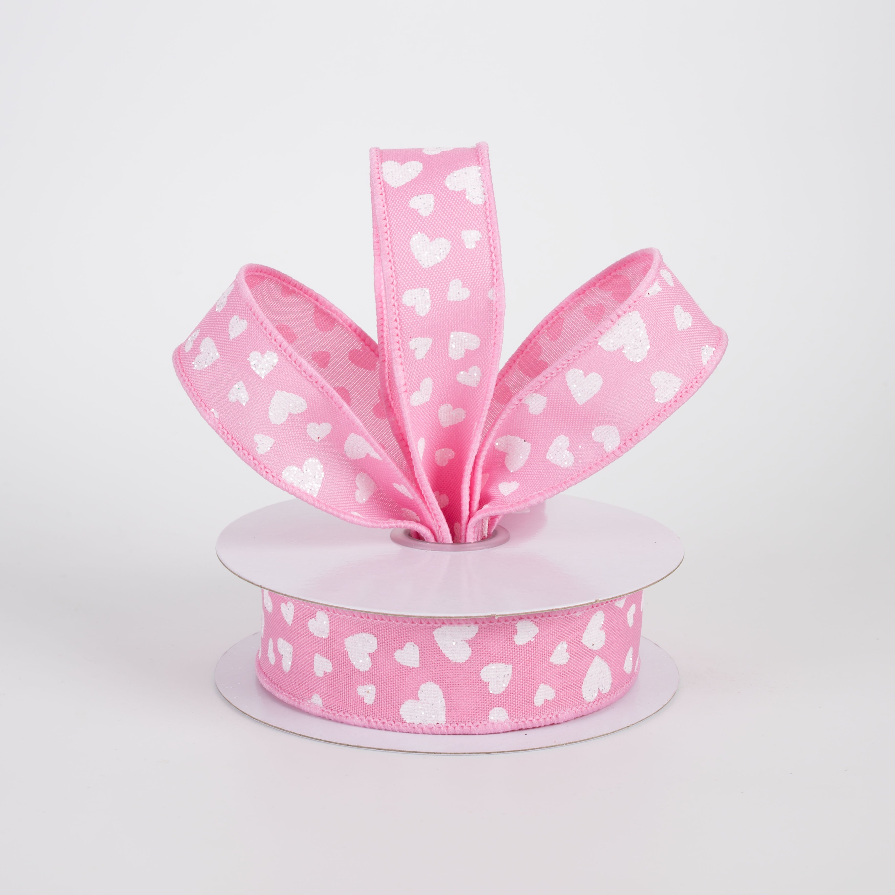 7/8" Glitter Mini Hearts Ribbon: White on Pink (10 Yards)