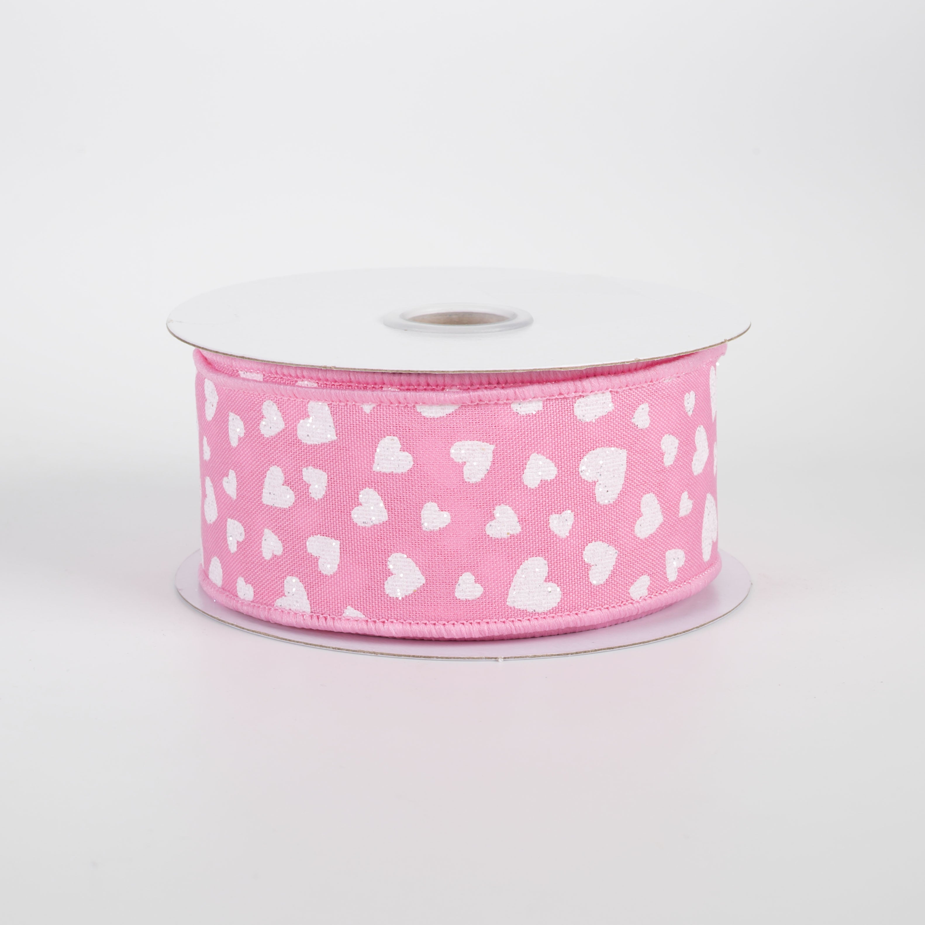 1.5" Glitter Mini Hearts Ribbon: White on Pink (10 Yards)