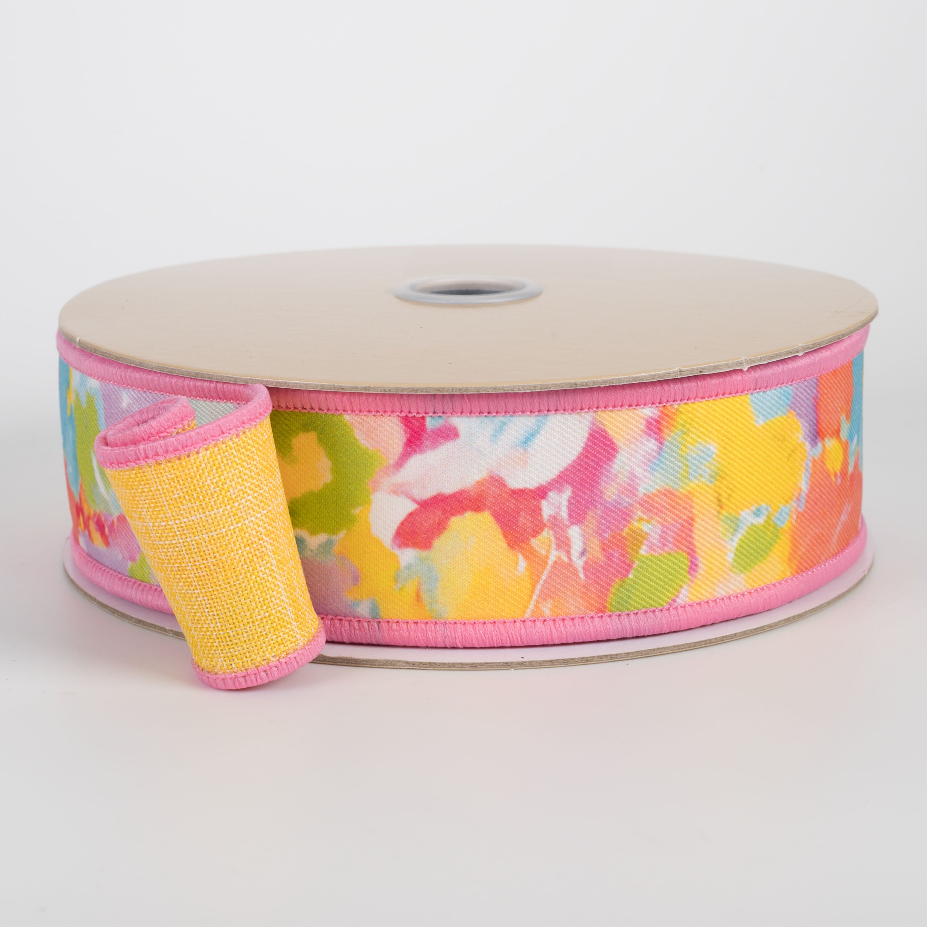 1.5" Double Sided Fused Abstract Paint Ribbon: Pink & Yellow (10 Yards)
