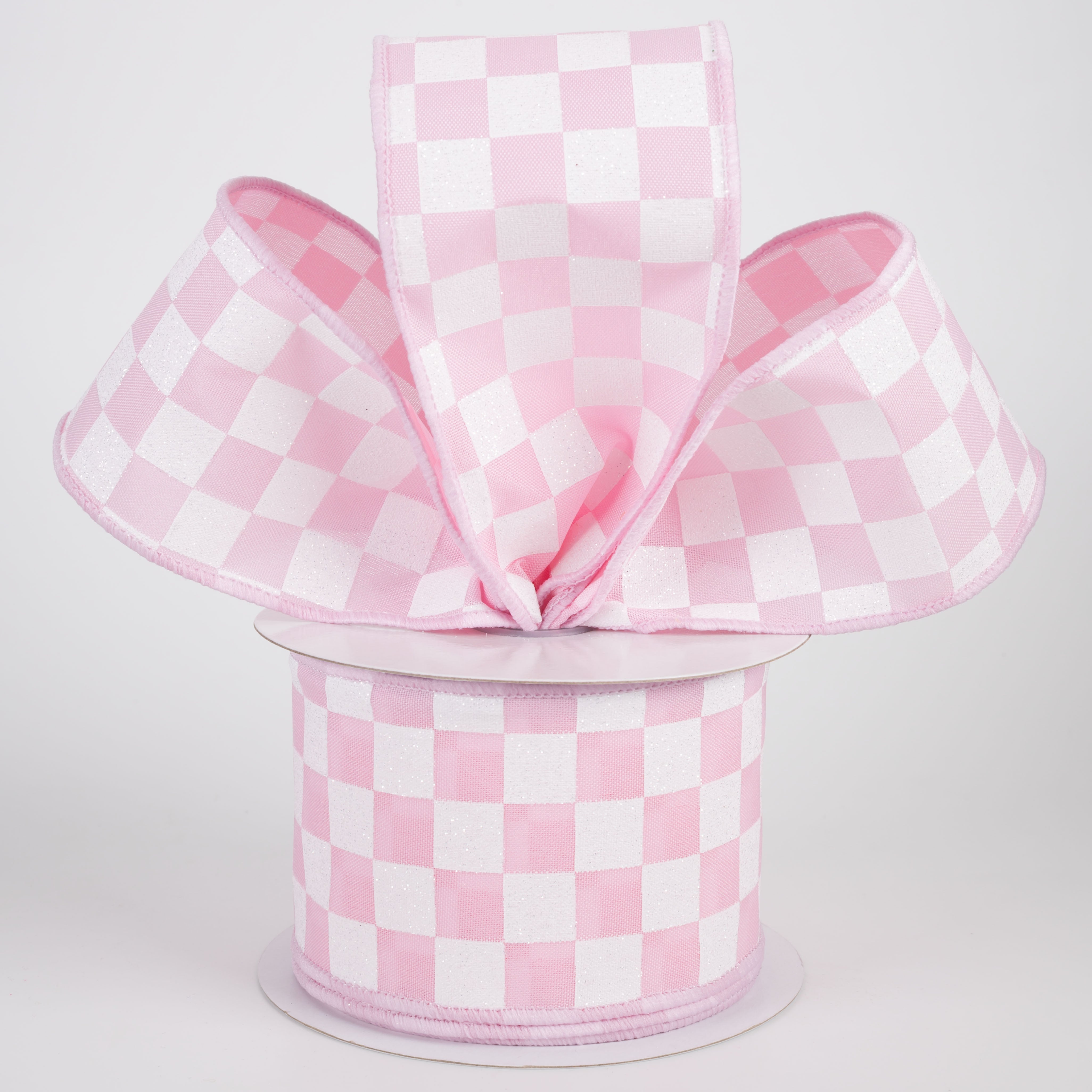 2.5" Printed Glitter Race Check Ribbon: White on Pink (10 Yards)