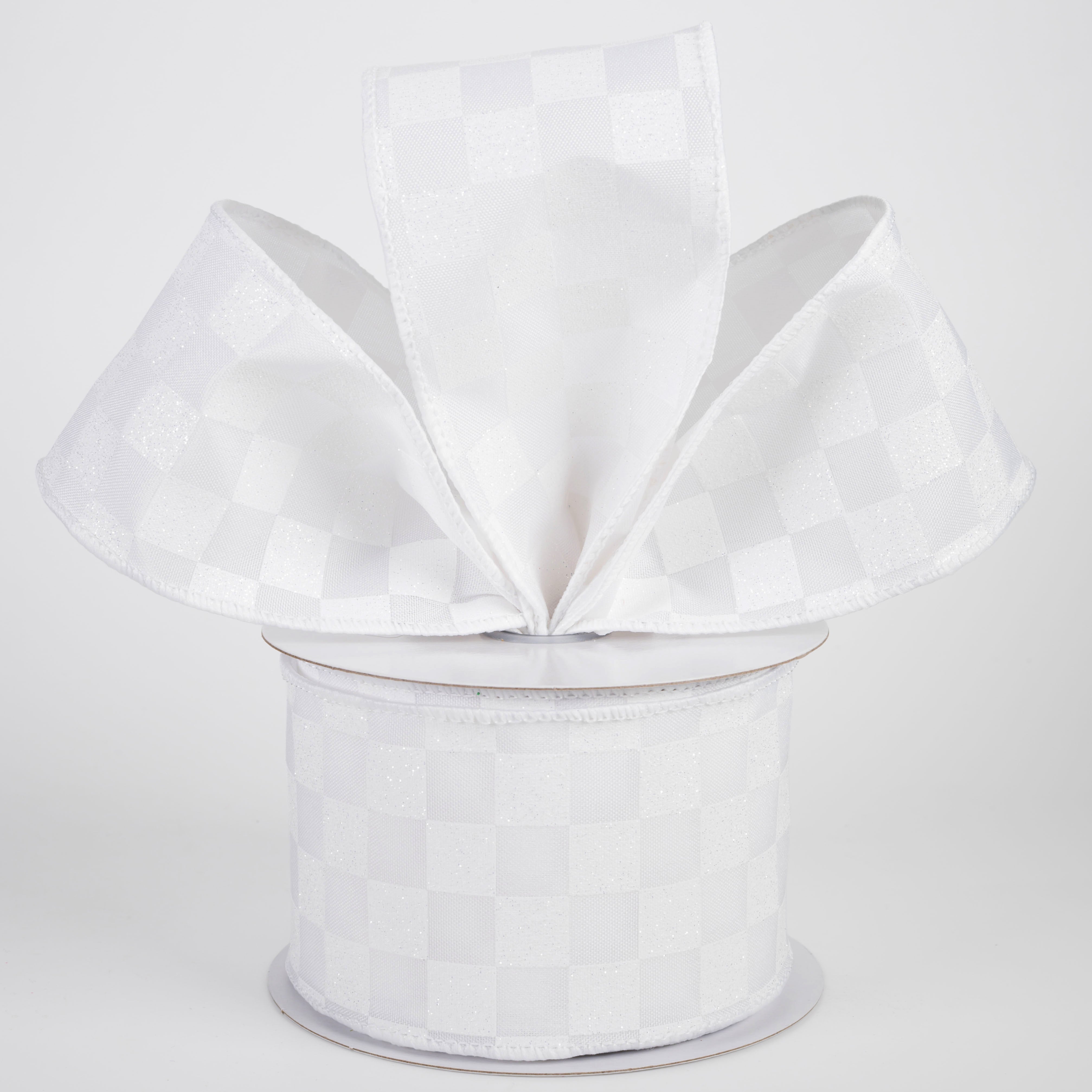 2.5" Printed Glitter Race Check Ribbon: White on White (10 Yards)