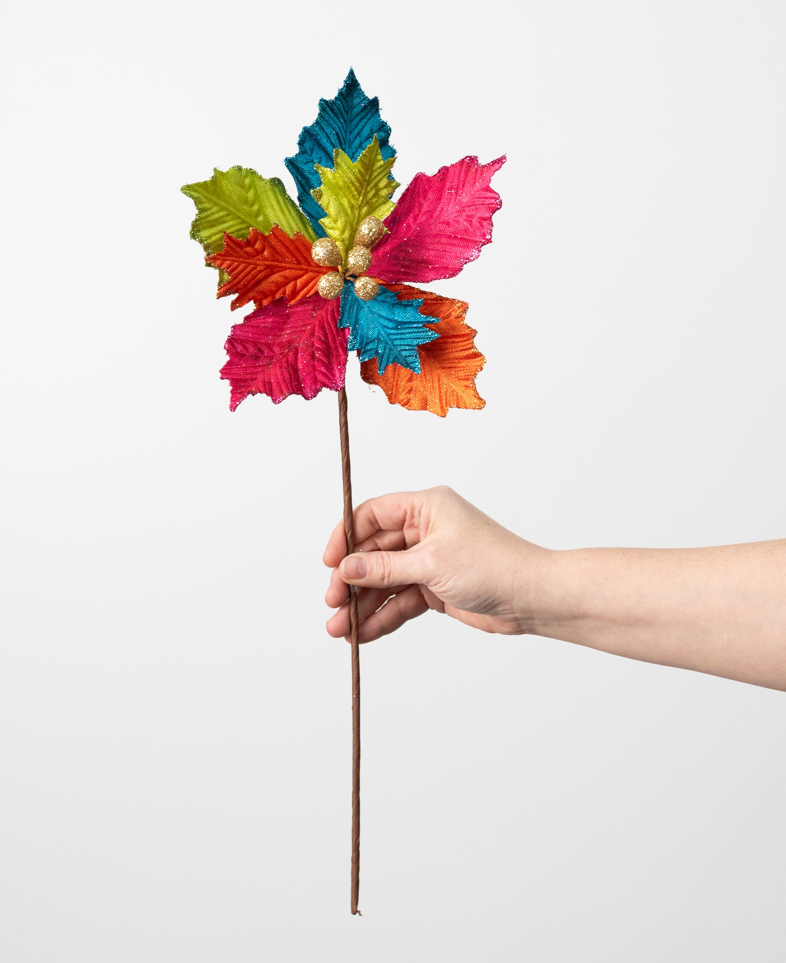 9" x 18" Pressed Velvet Poinsettia Stem: Fiesta