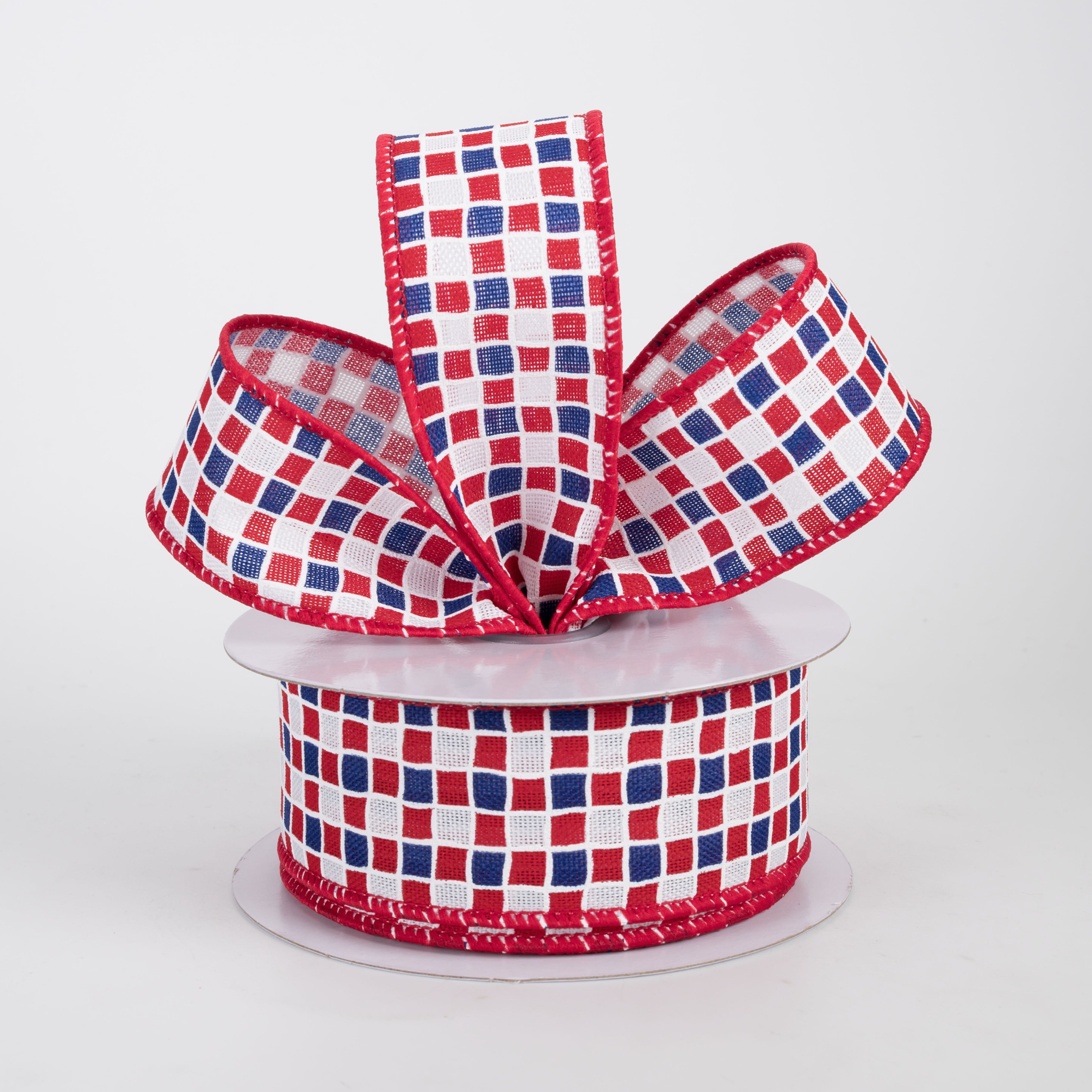 1.5" Small Check Raised Lines Ribbon: Red, White & Blue (10 Yards)