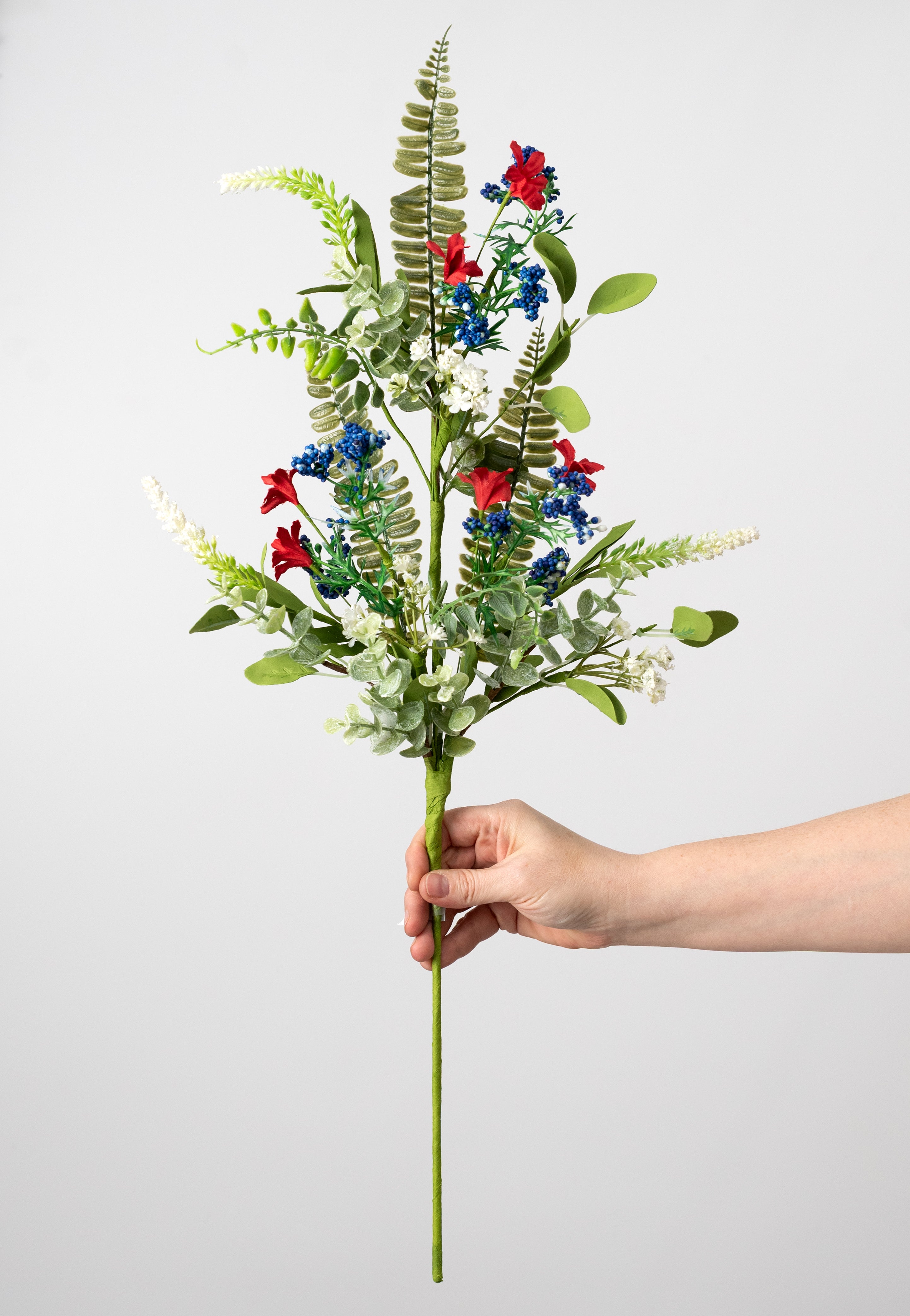 23" Fabric Flower & Fern Spray: Red, White & Blue