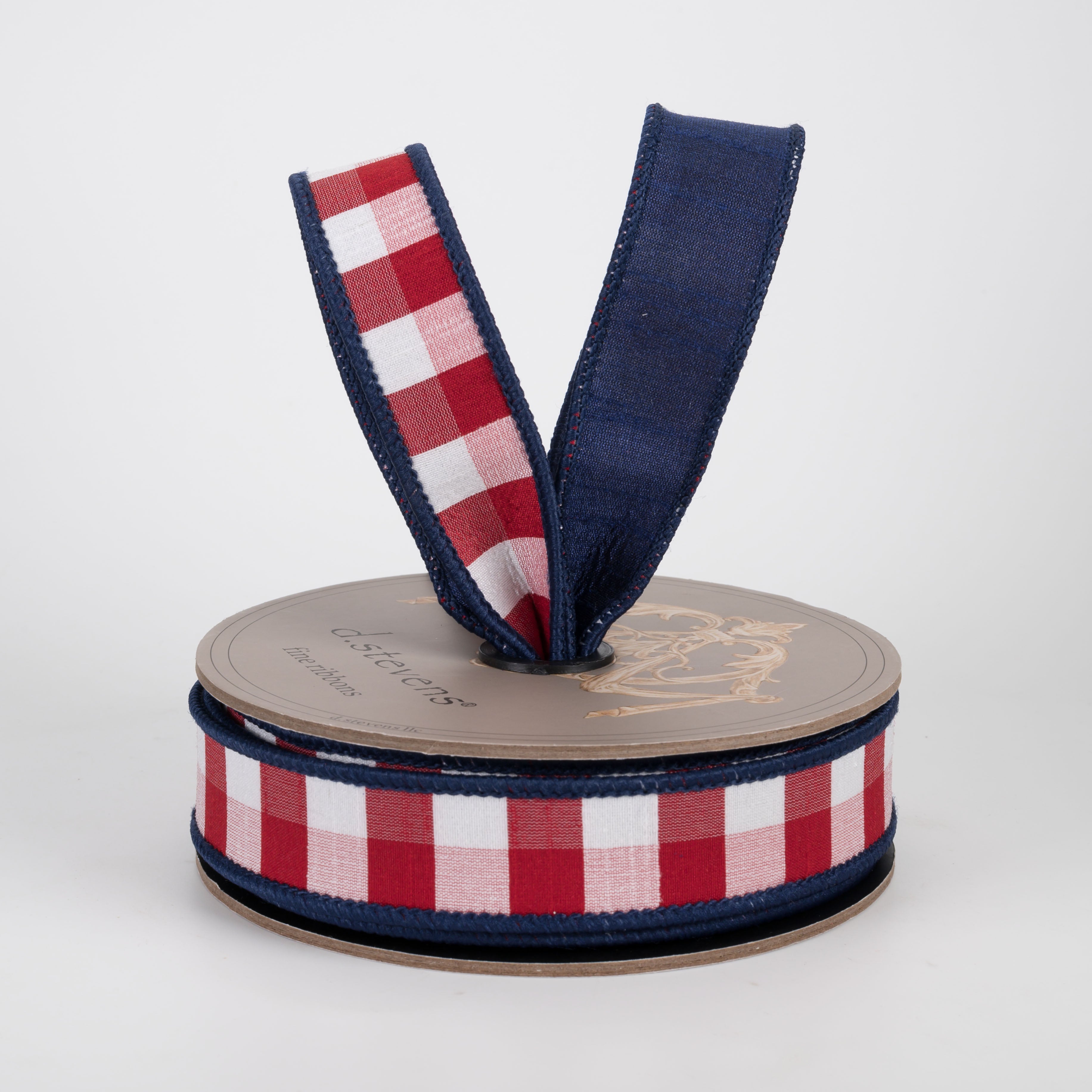 [D Stevens] 1" Faux Dupioni Check Ribbon: Red, White & Navy Blue (10 Yards)
