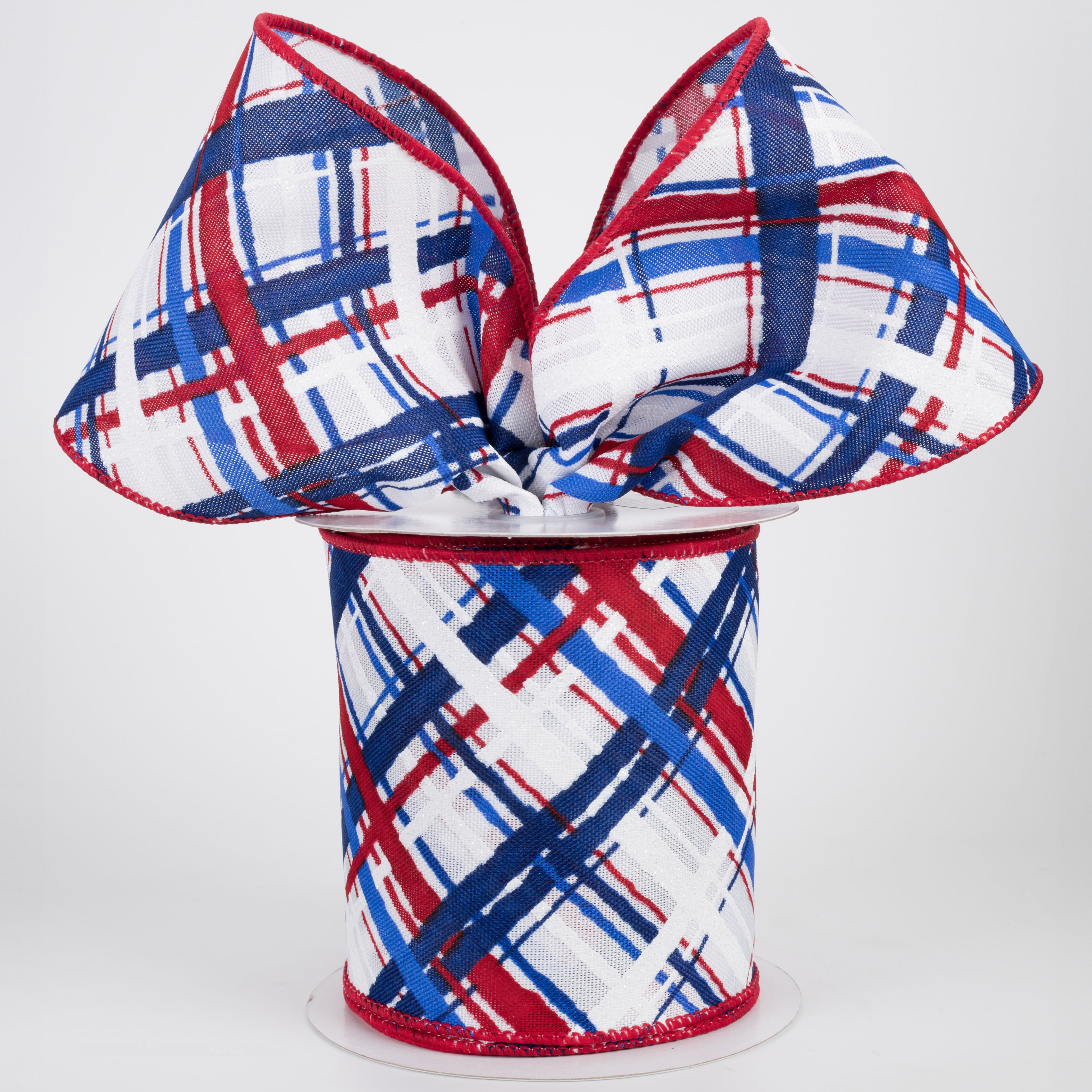 4" Diagonal Painted Plaid Ribbon: Red, White & Blue (10 Yards)