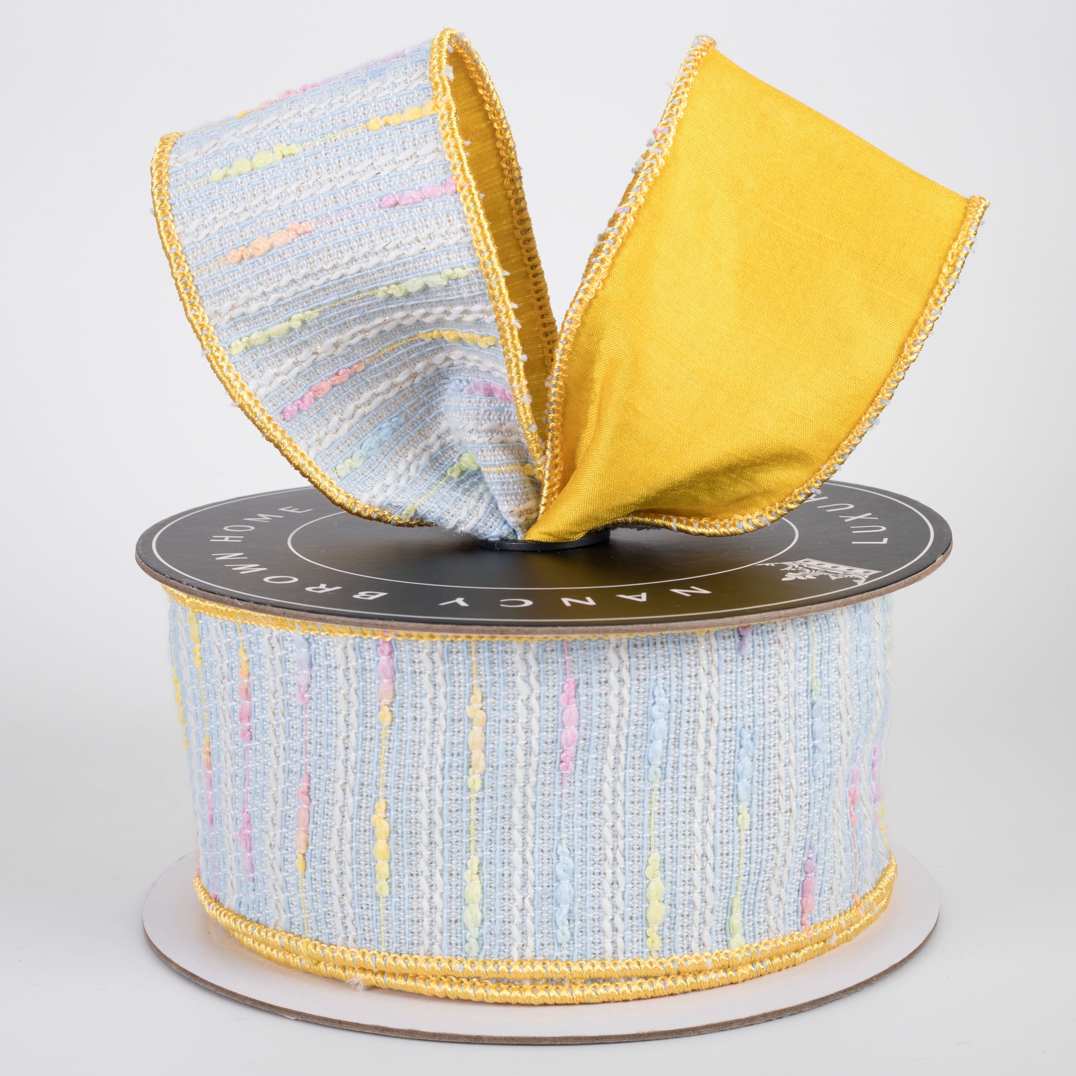 [Nancy Brown] 2.5" Double Sided Wired Ribbon: Blue Tweed and Yellow (10 Yards)