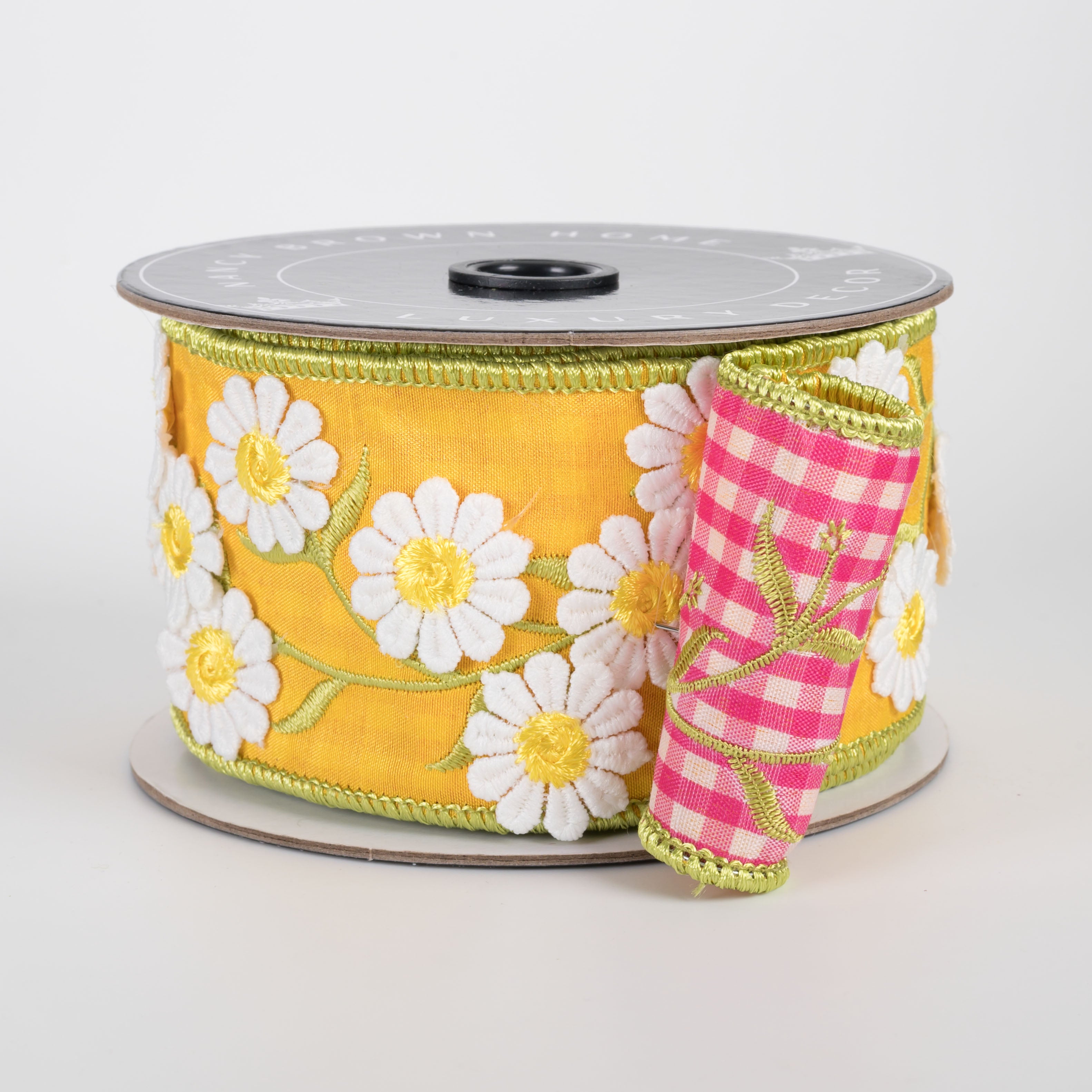 [Nancy Brown] 2.5" Double Sided Wired Ribbon: Yellow Daisies and Pink Gingham (5 Yards)