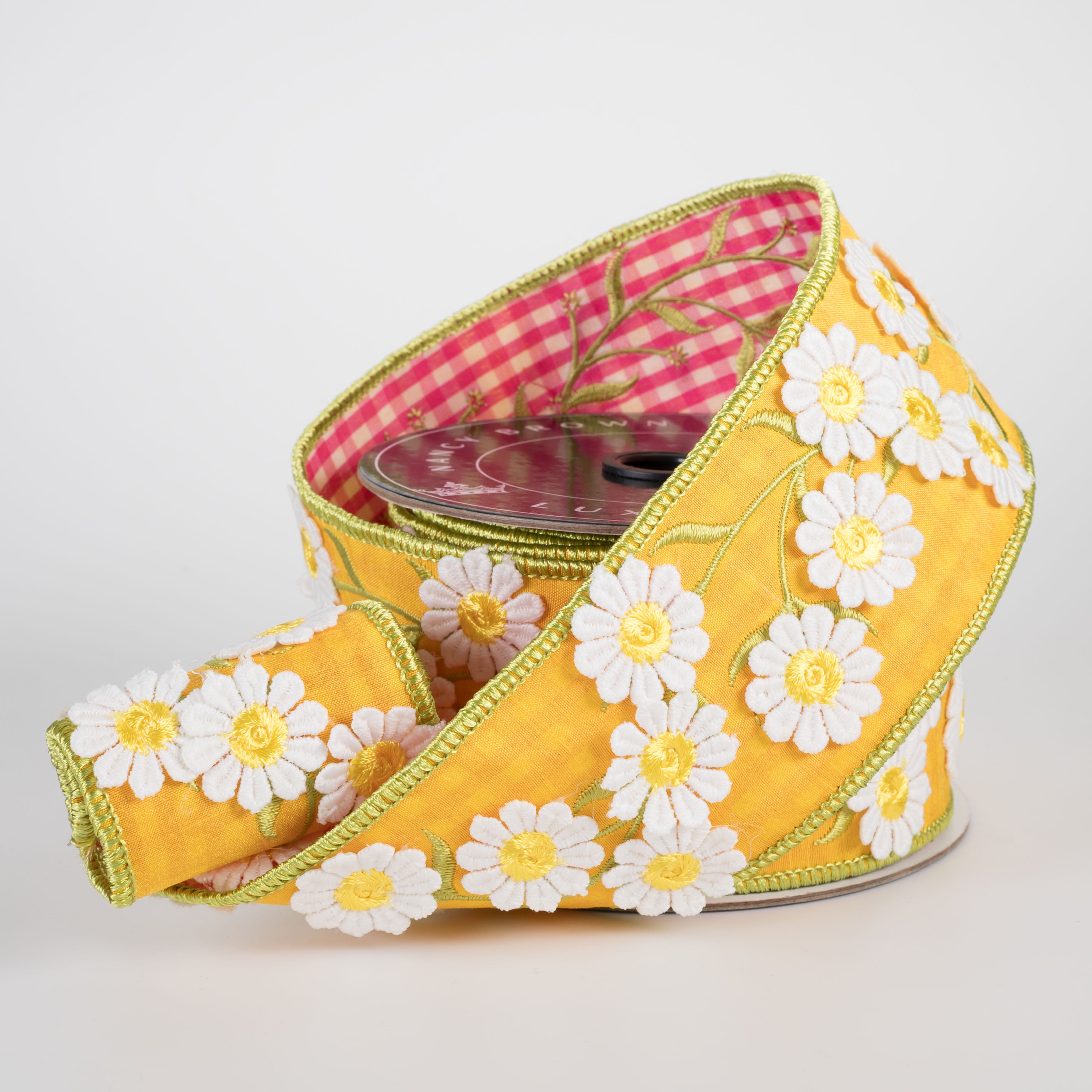 [Nancy Brown] 2.5" Double Sided Wired Ribbon: Yellow Daisies and Pink Gingham (5 Yards)
