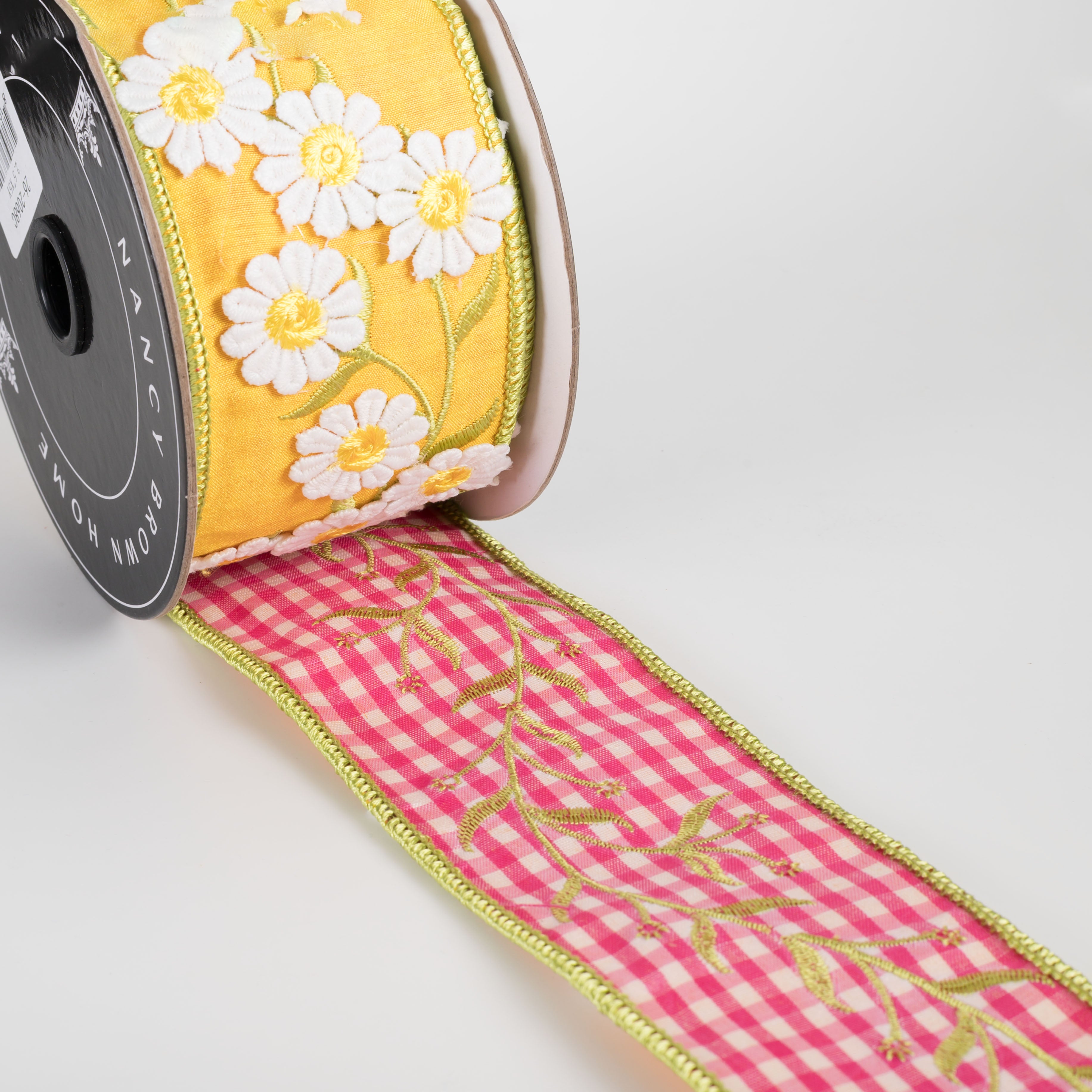 [Nancy Brown] 2.5" Double Sided Wired Ribbon: Yellow Daisies and Pink Gingham (5 Yards)