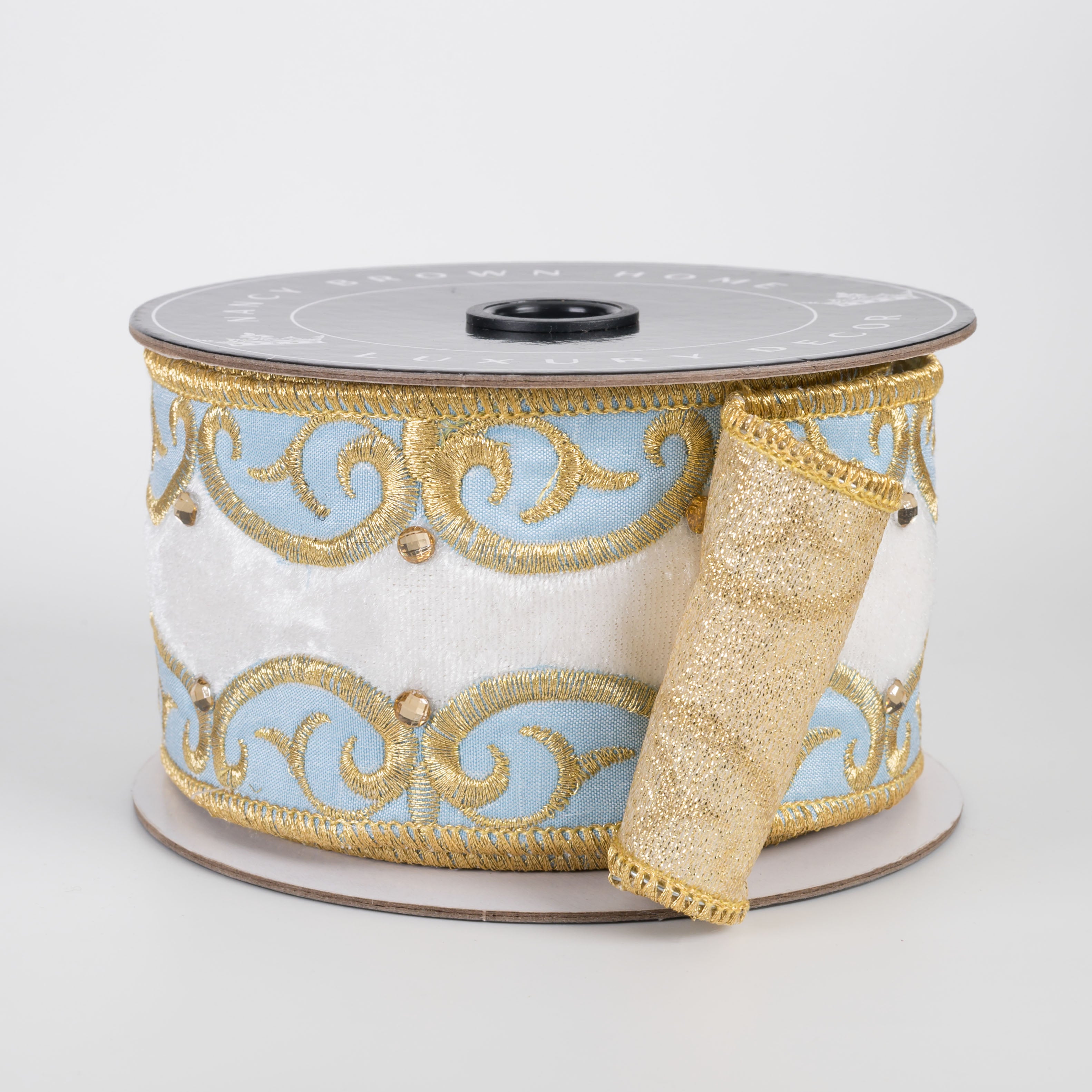 [Nancy Brown] 2.5" Double Sided Wired Ribbon: White Velvet, Light Blue & Gold Bling (5 Yards)