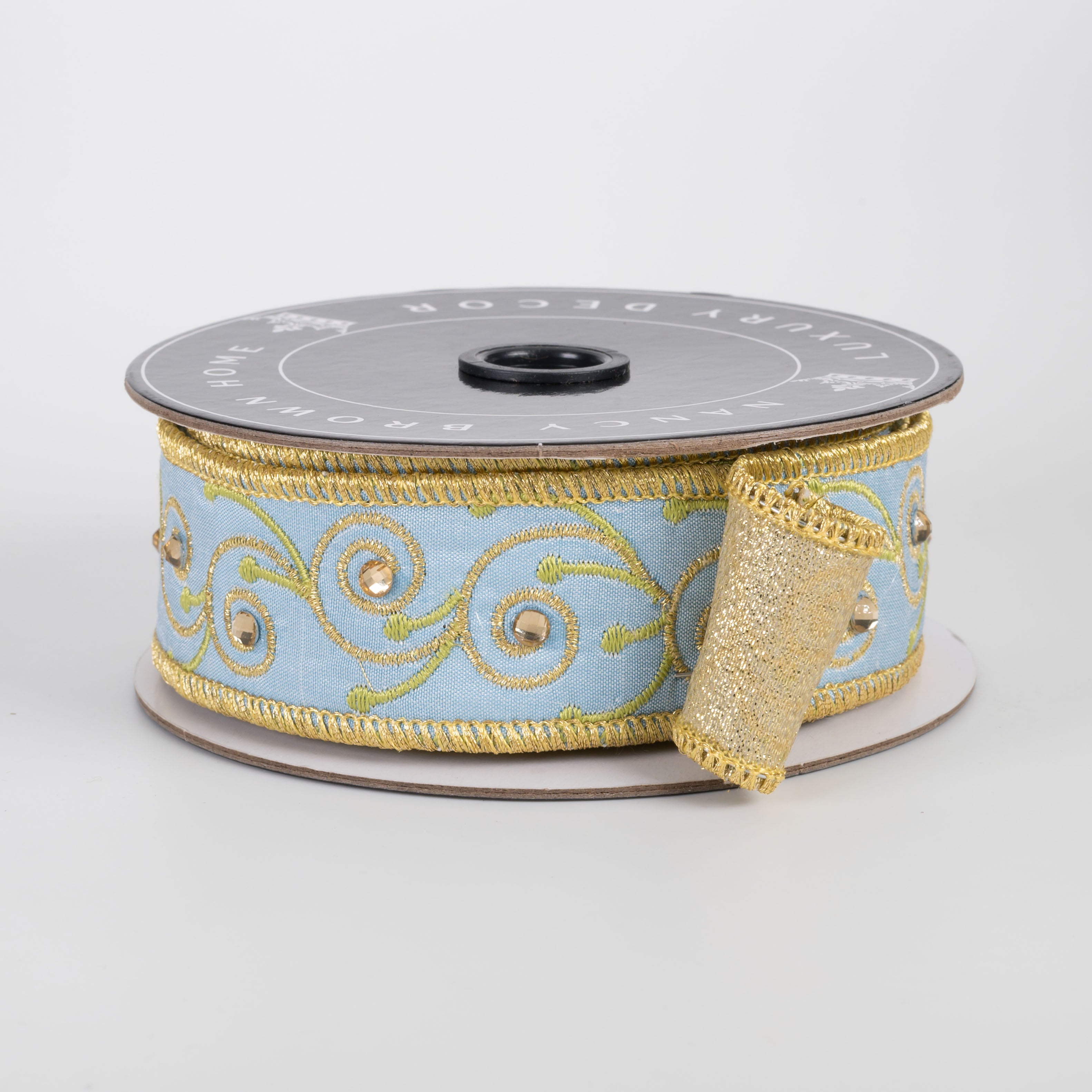 [Nancy Brown] 1" Double Sided Wired Ribbon: Light Blue & Gold Bling (10 Yards)