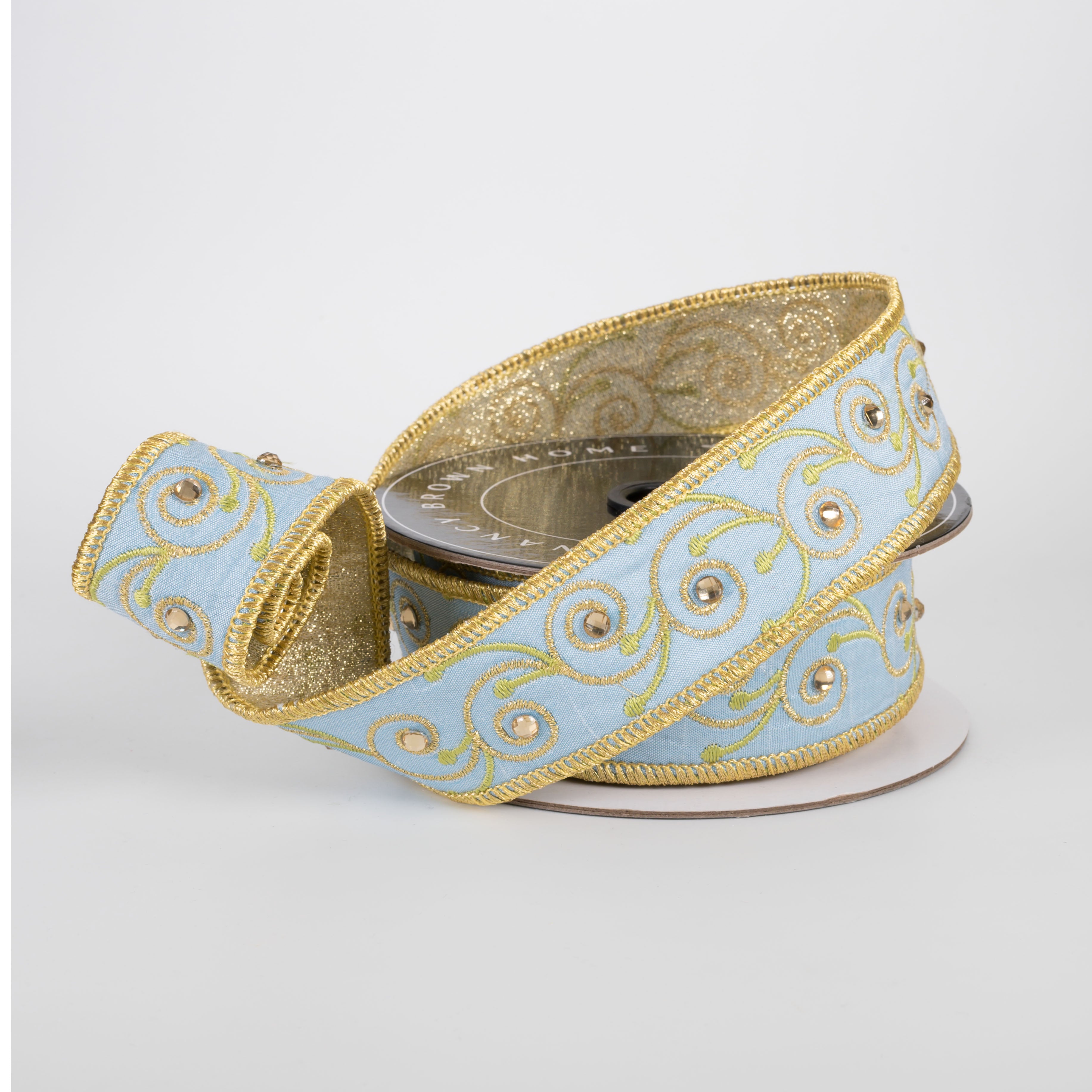 [Nancy Brown] 1" Double Sided Wired Ribbon: Light Blue & Gold Bling (10 Yards)