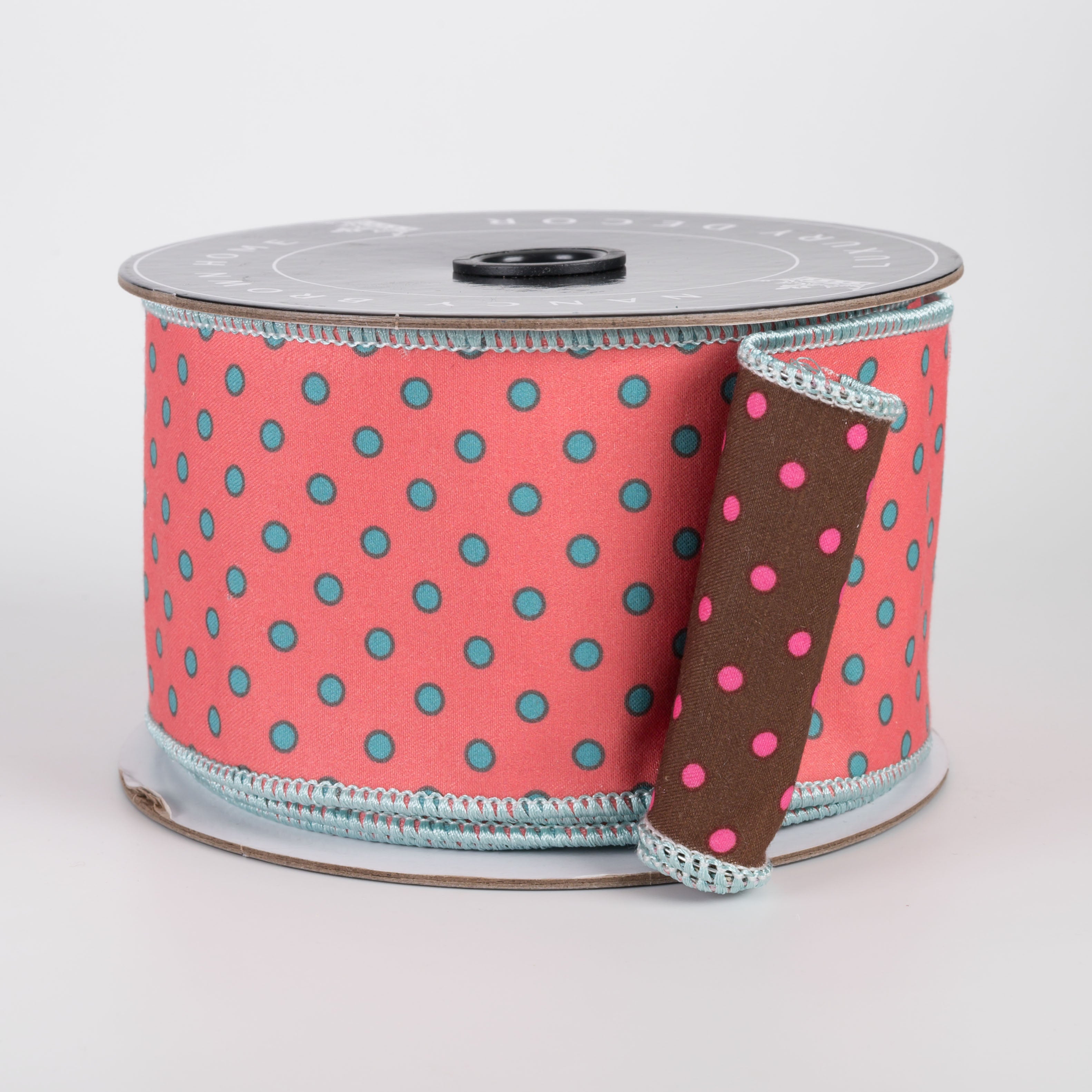 [Nancy Brown] 2.5" Double Sided Wired Ribbon: Coral & Teal, Brown & Pink Polka Dots (10 Yards)