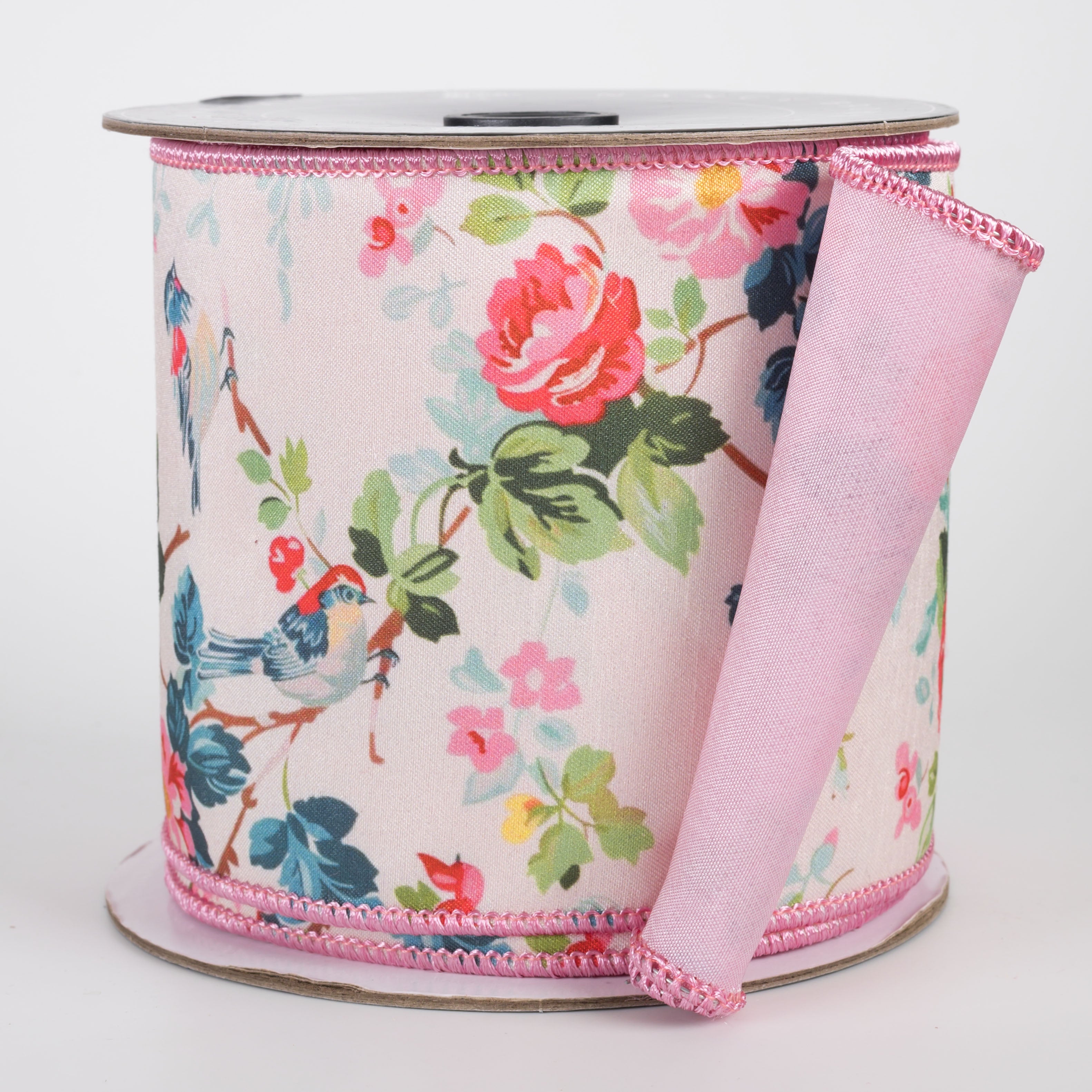 [Nancy Brown] 4" Double Sided Wired Ribbon: Floral Birds & Pink (5 Yards)
