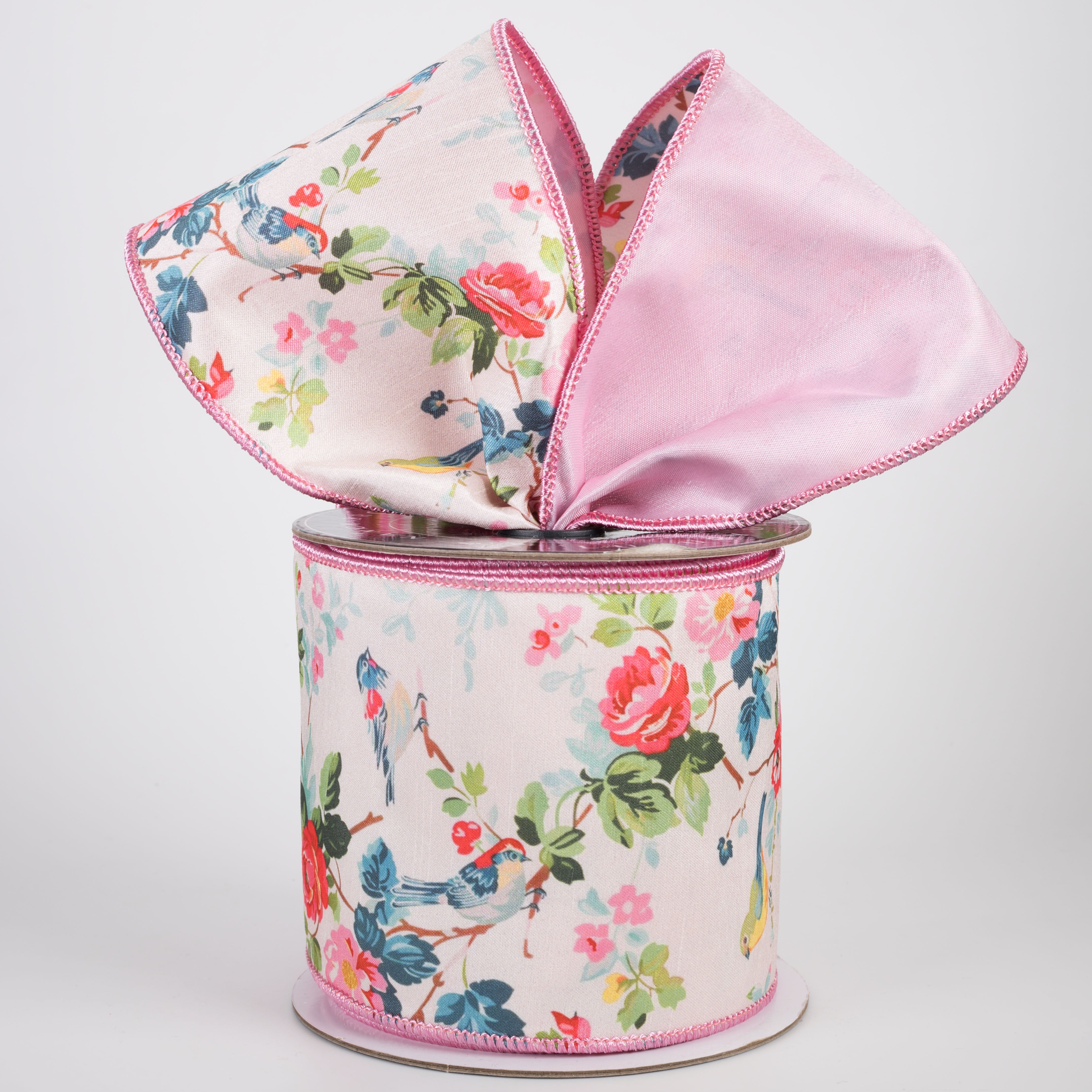 [Nancy Brown] 4" Double Sided Wired Ribbon: Floral Birds & Pink (5 Yards)