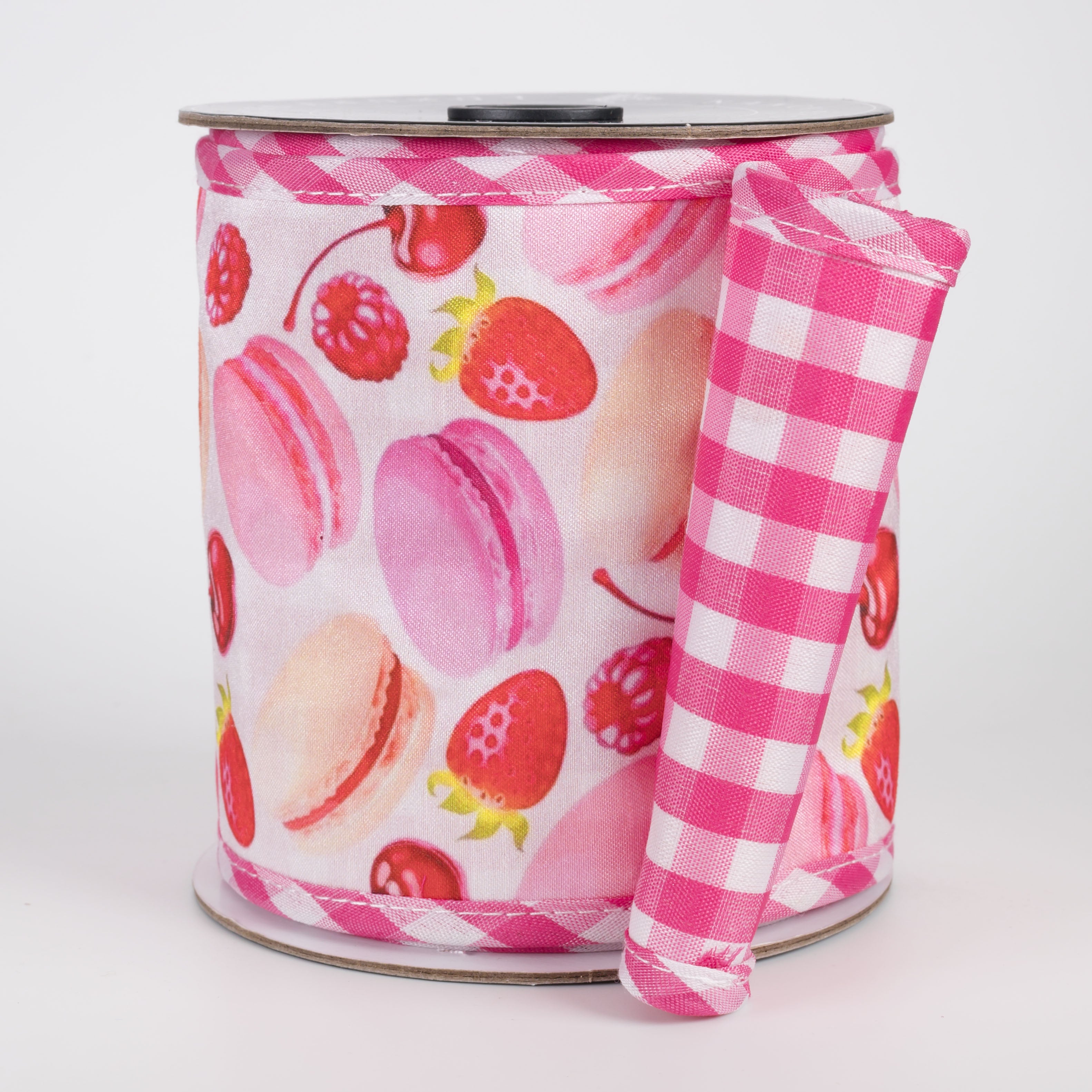 [Nancy Brown] 4" Double Sided Wired Ribbon: Macarons & Sweets on Pink Gingham (5 Yards)