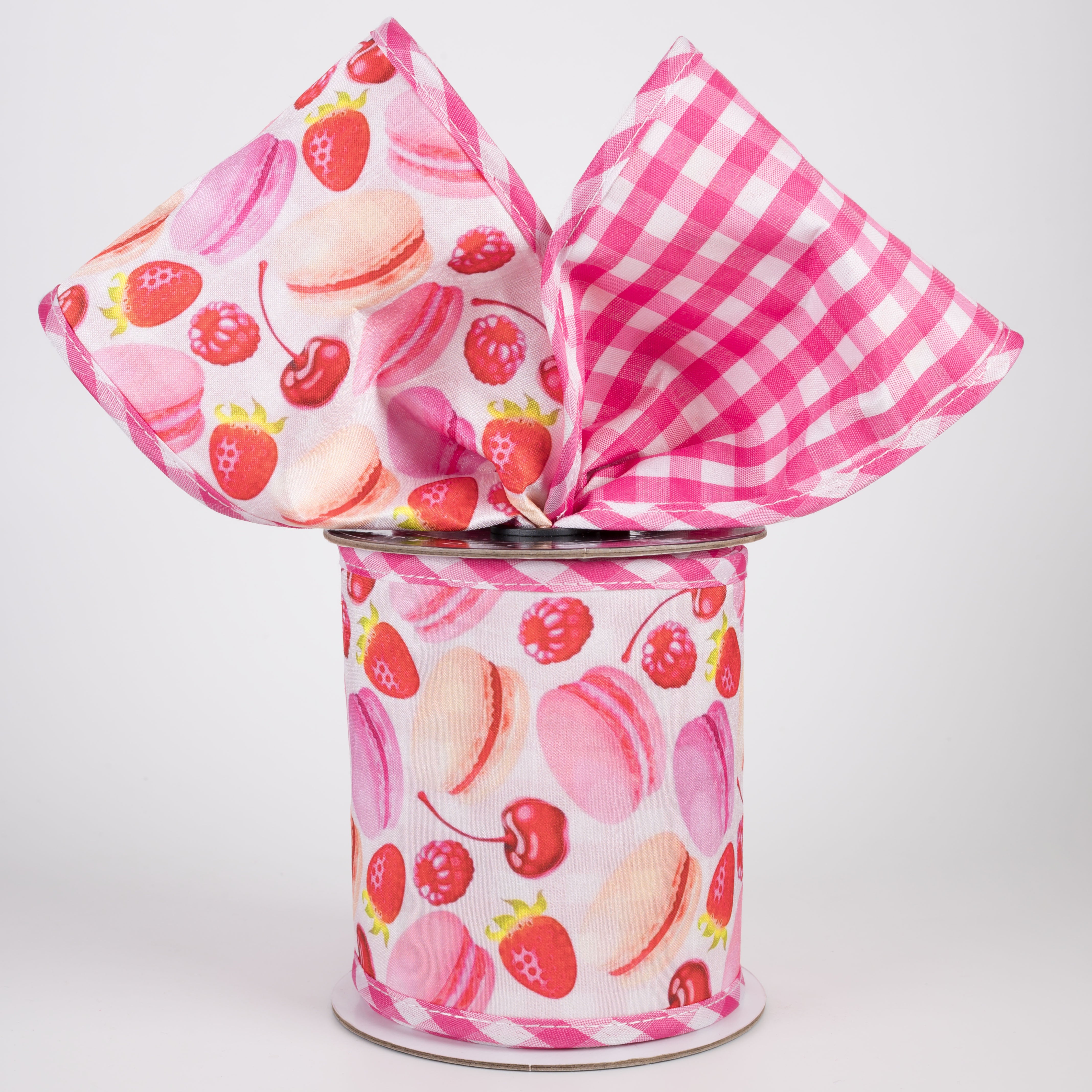 [Nancy Brown] 4" Double Sided Wired Ribbon: Macarons & Sweets on Pink Gingham (5 Yards)