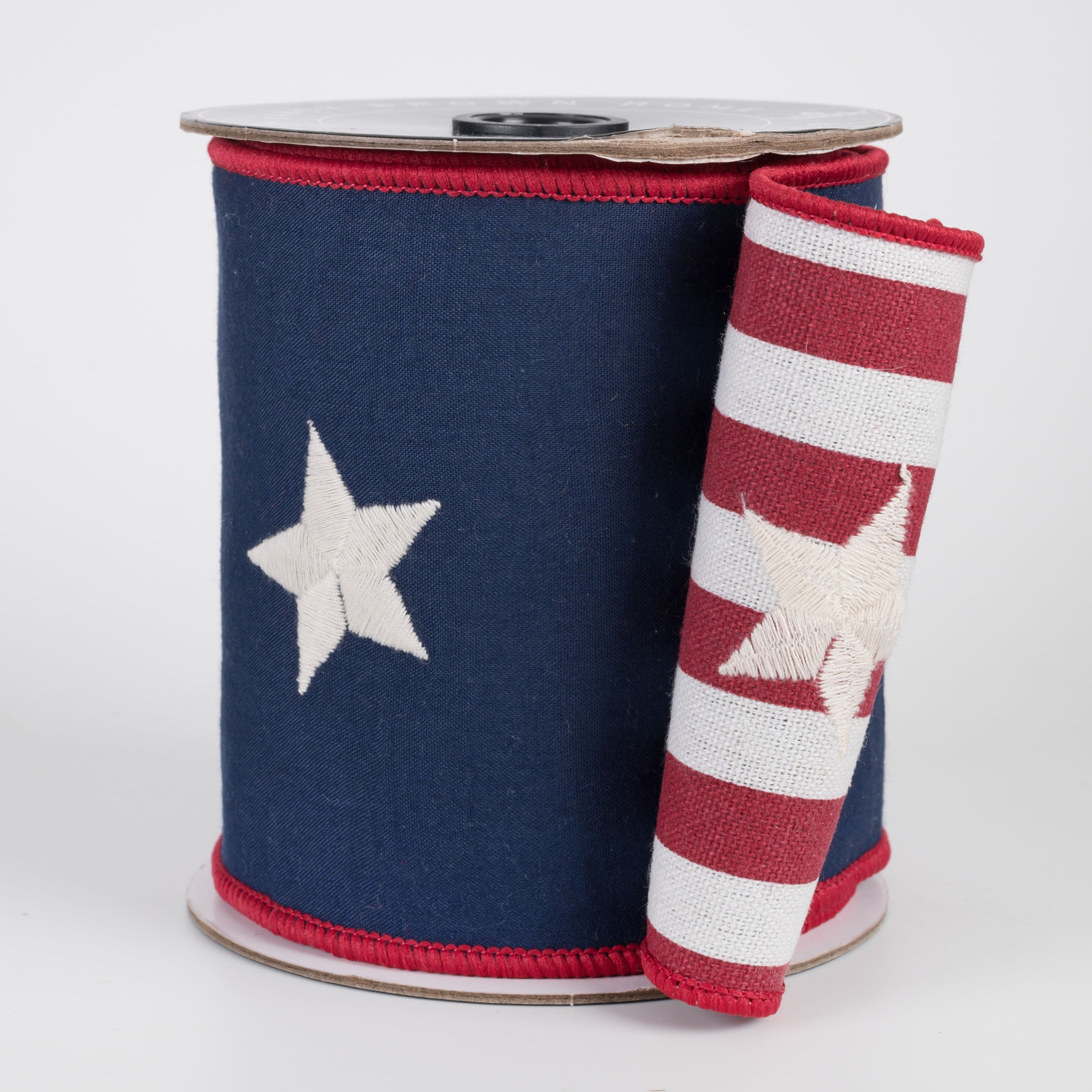 [Nancy Brown] 4" Double Sided Wired Ribbon: Embroidered Stars & Stripes (5 Yards)