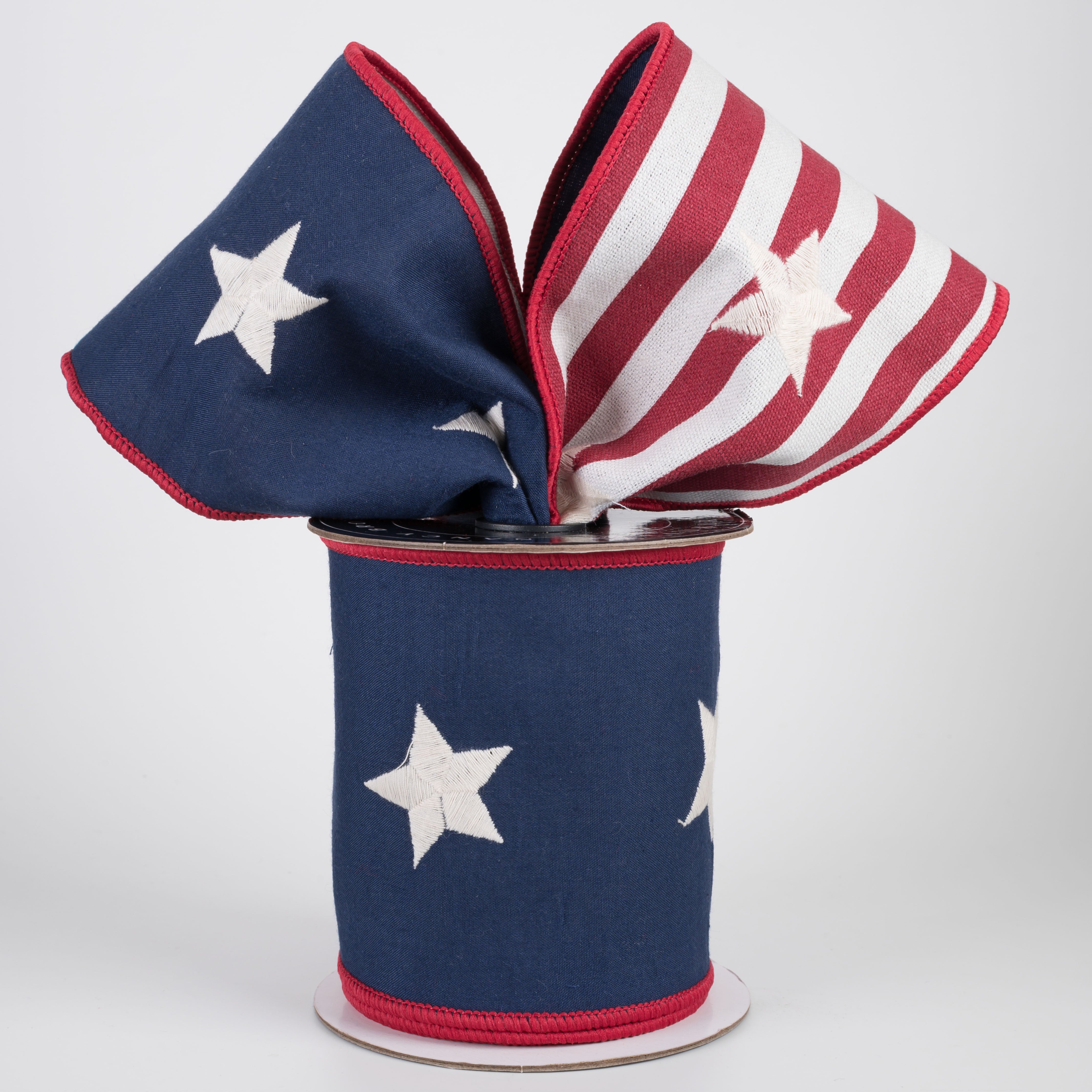 [Nancy Brown] 4" Double Sided Wired Ribbon: Embroidered Stars & Stripes (5 Yards)