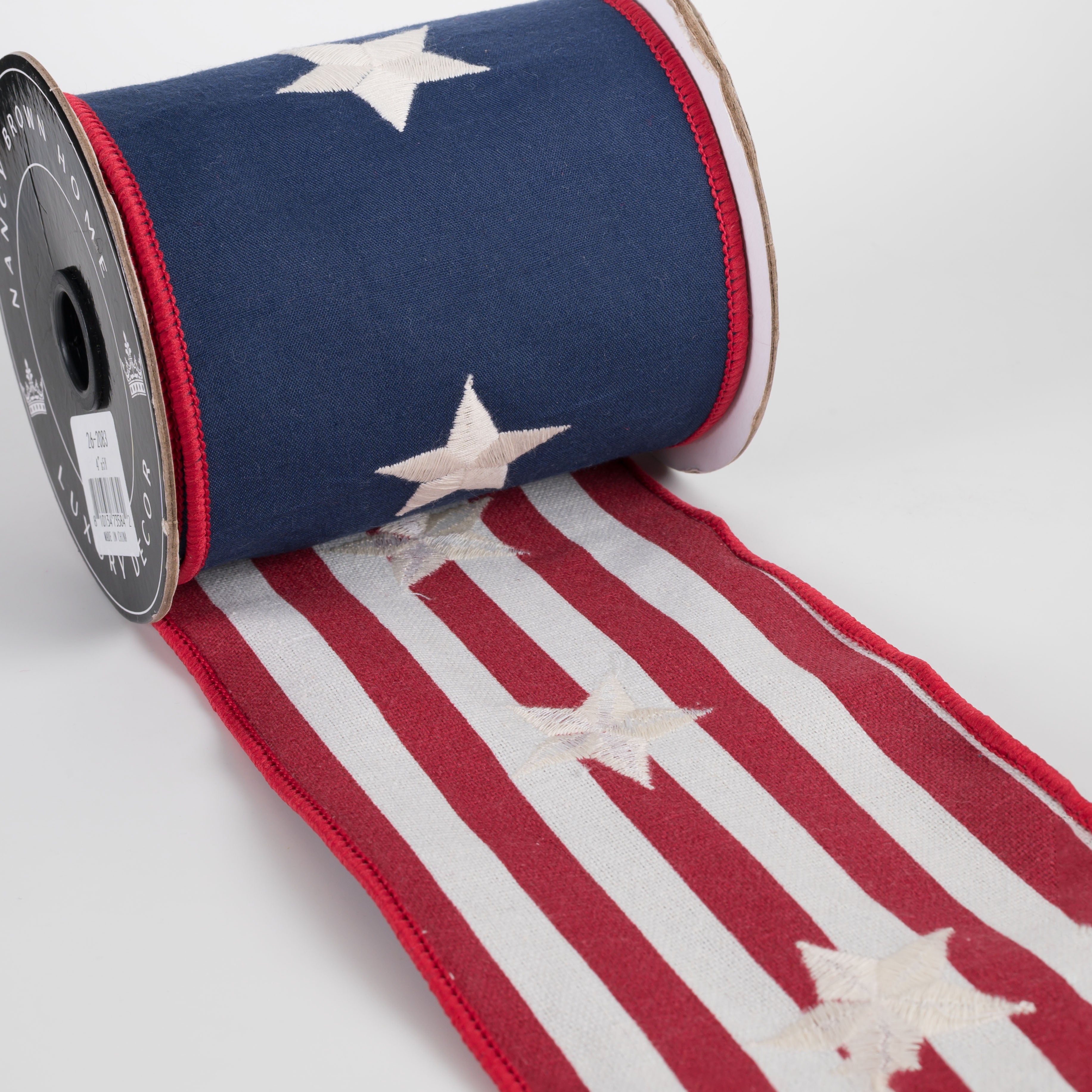 [Nancy Brown] 4" Double Sided Wired Ribbon: Embroidered Stars & Stripes (5 Yards)