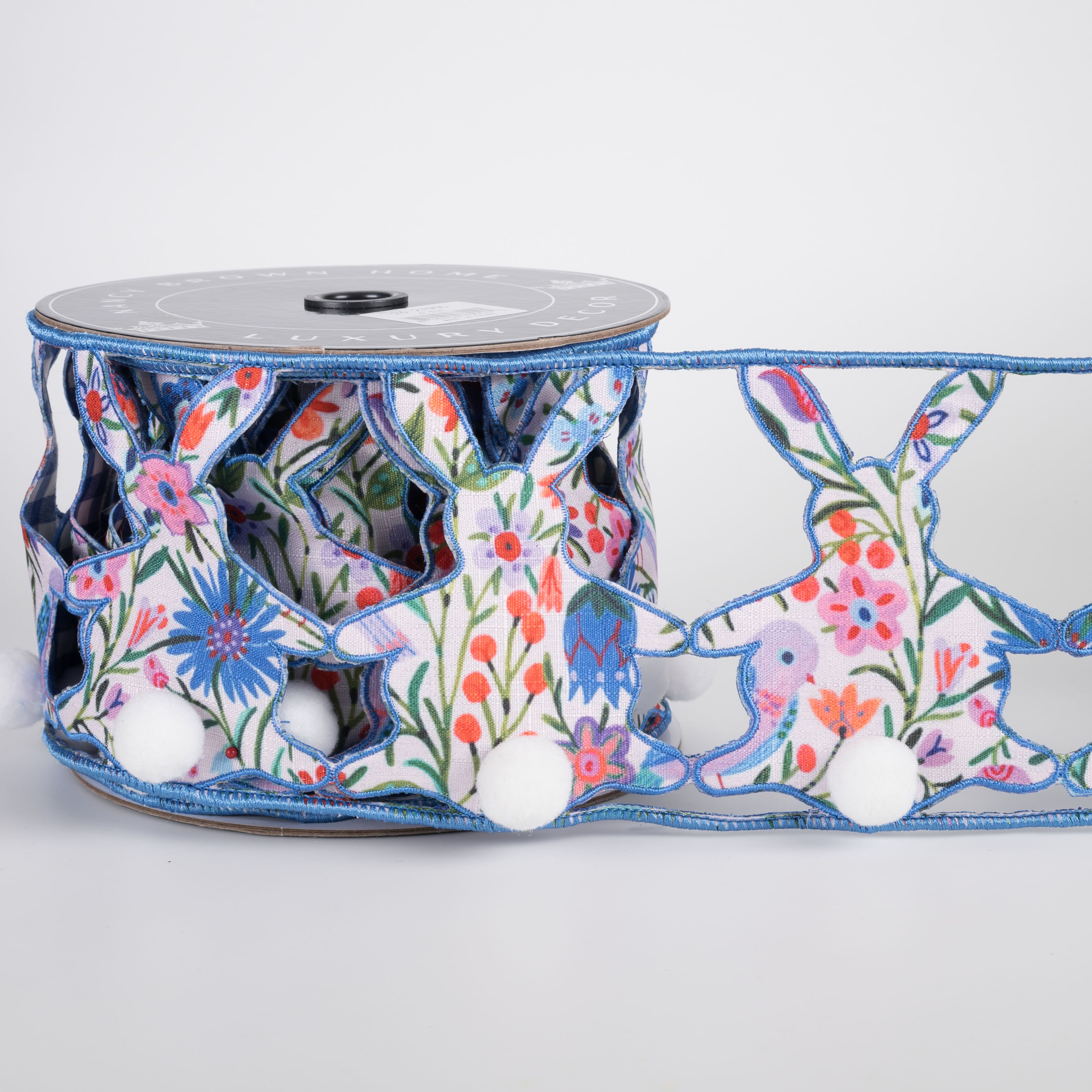 [Nancy Brown] 4" Double Sided Wired Ribbon: Blue Floral Bunny Silhouettes (5 Yards)
