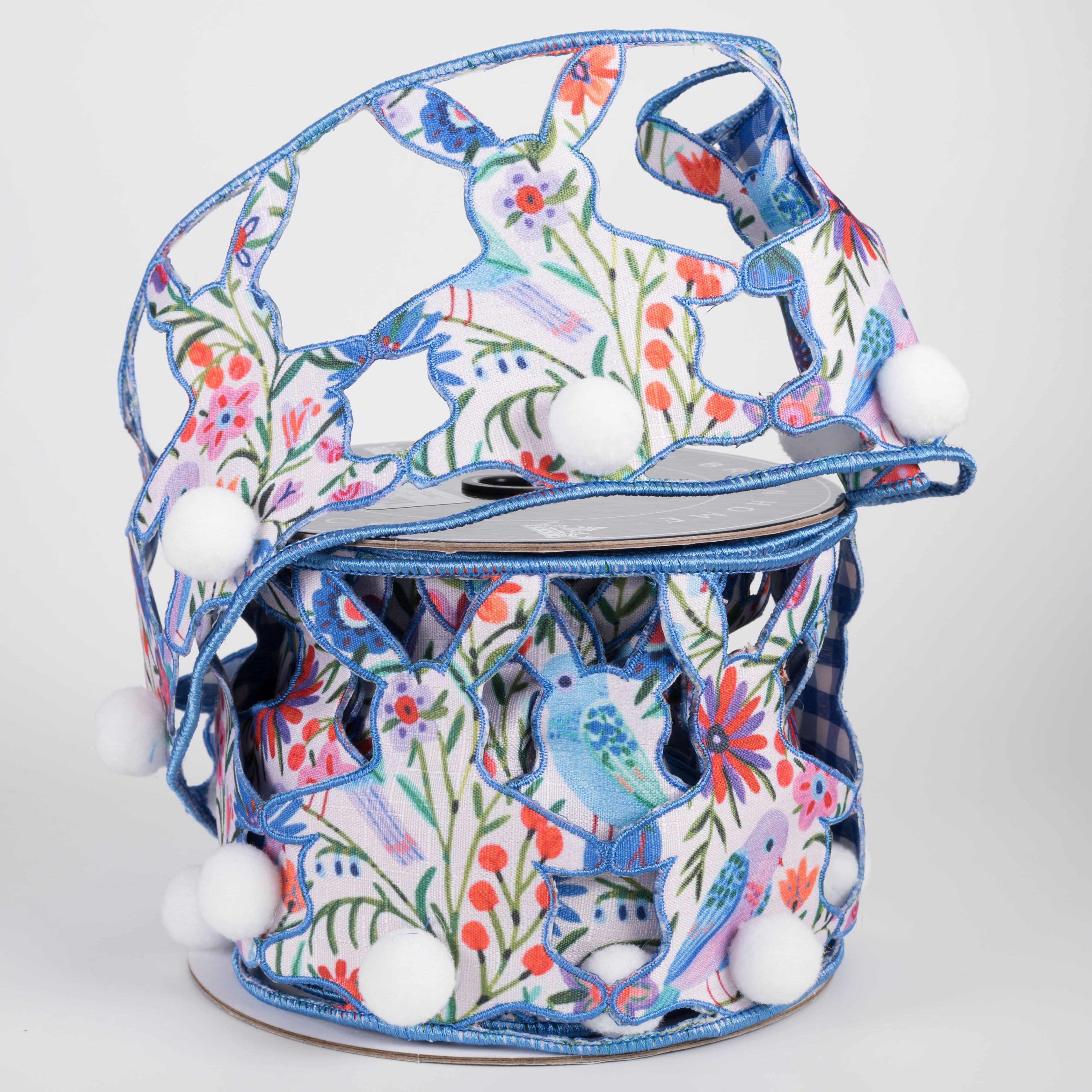 [Nancy Brown] 4" Double Sided Wired Ribbon: Blue Floral Bunny Silhouettes (5 Yards)