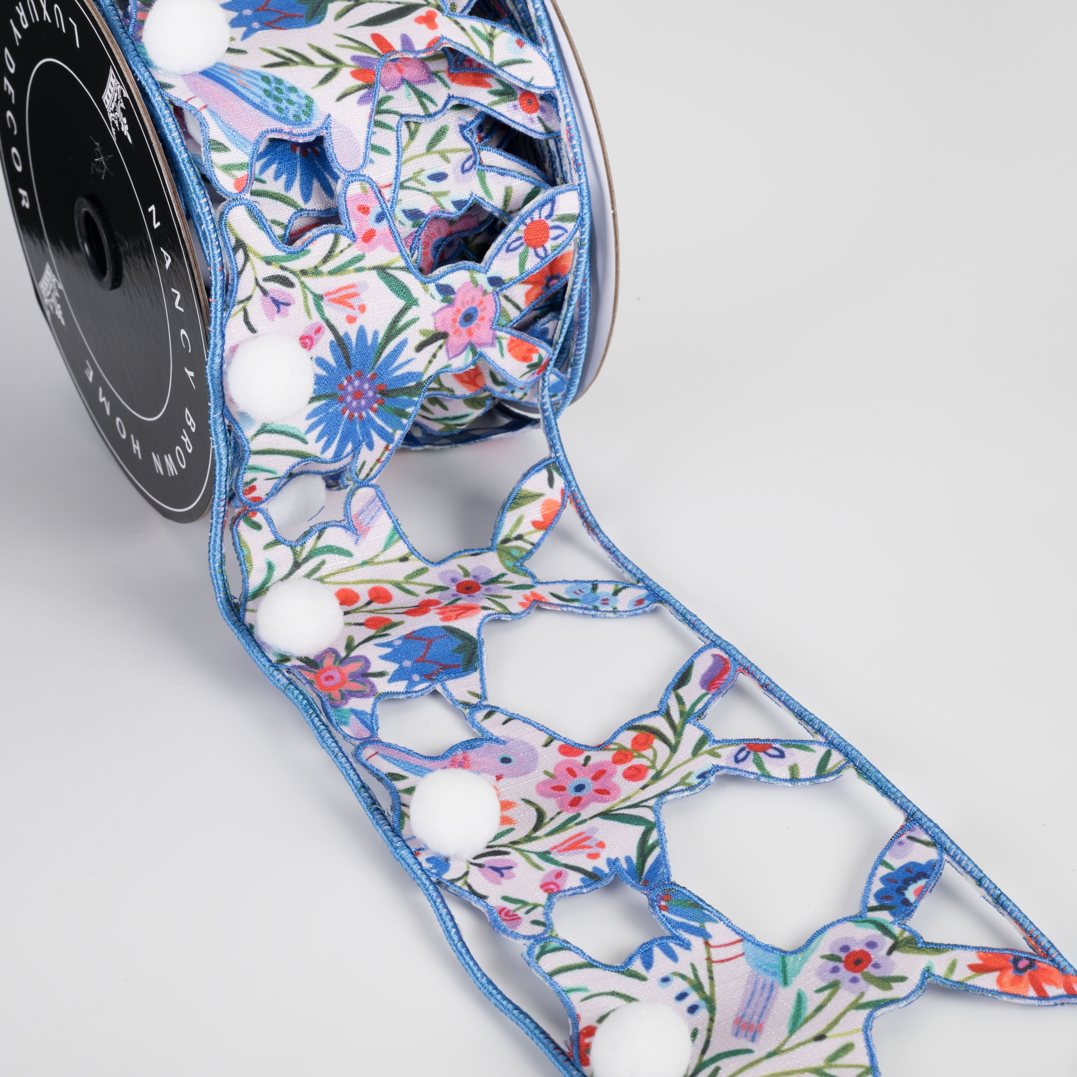 [Nancy Brown] 4" Double Sided Wired Ribbon: Blue Floral Bunny Silhouettes (5 Yards)