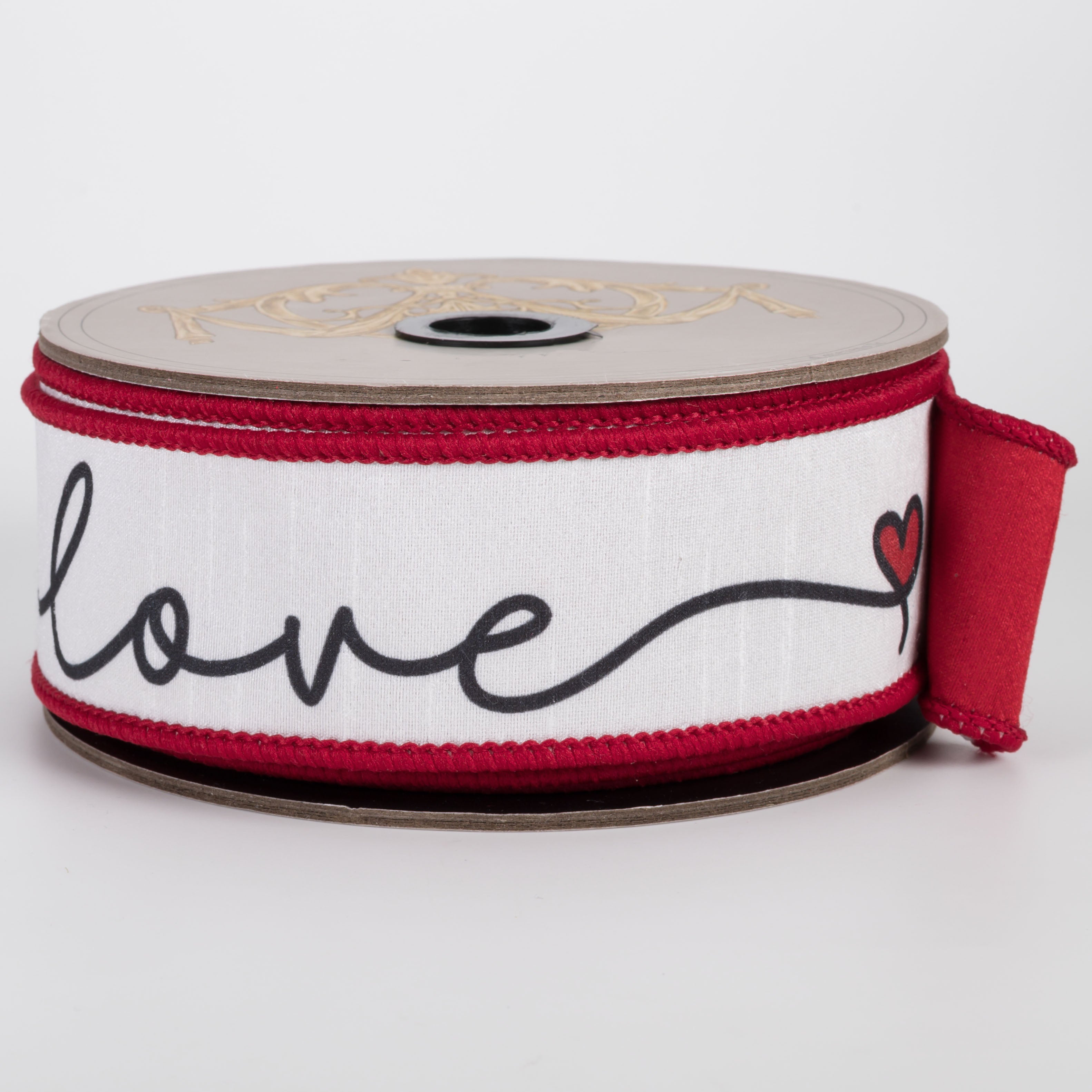 [D Stevens] 1.5" Dupioni Cursive Love Heart Ribbon: White & Red (10 Yards)