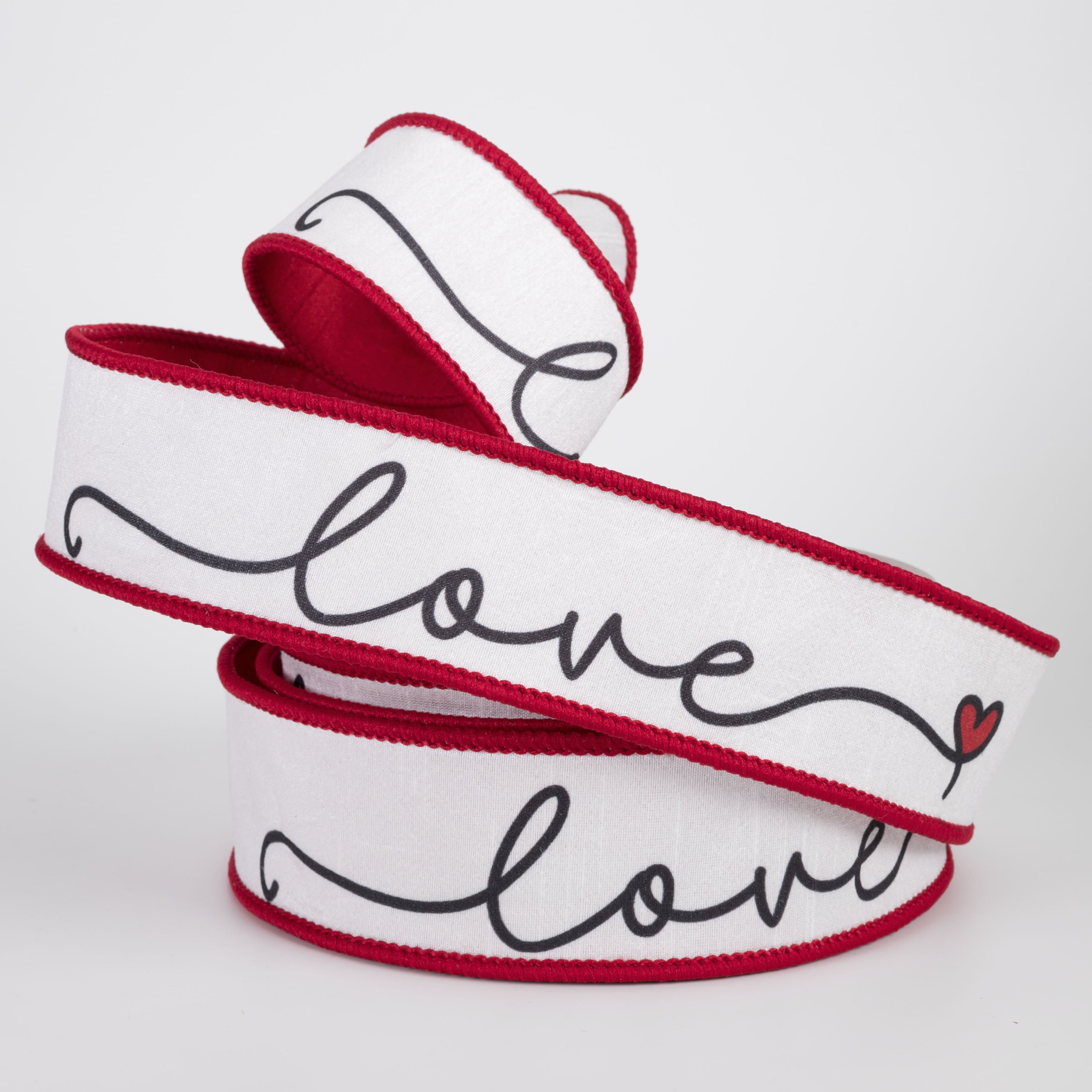[D Stevens] 1.5" Dupioni Cursive Love Heart Ribbon: White & Red (10 Yards)