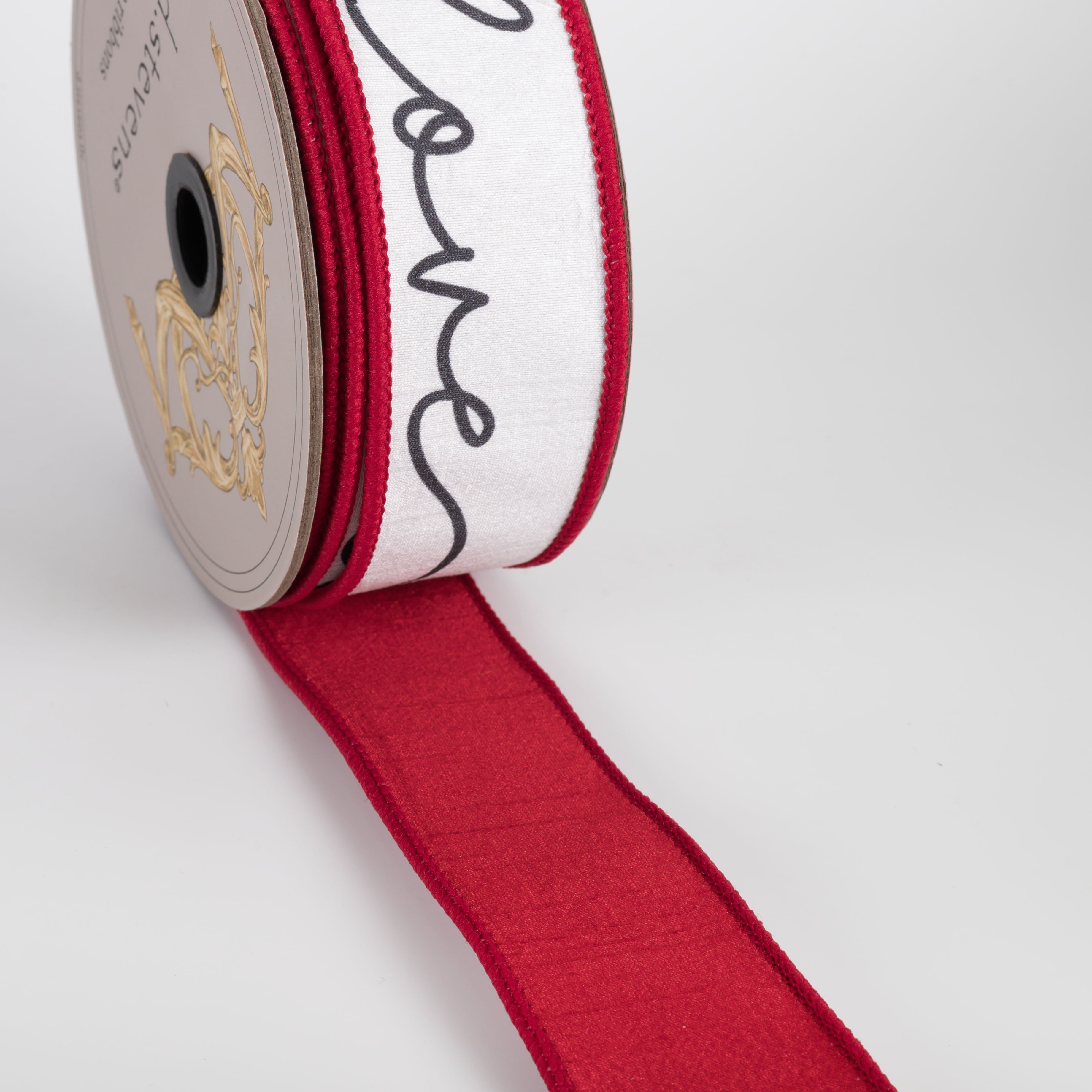 [D Stevens] 1.5" Dupioni Cursive Love Heart Ribbon: White & Red (10 Yards)