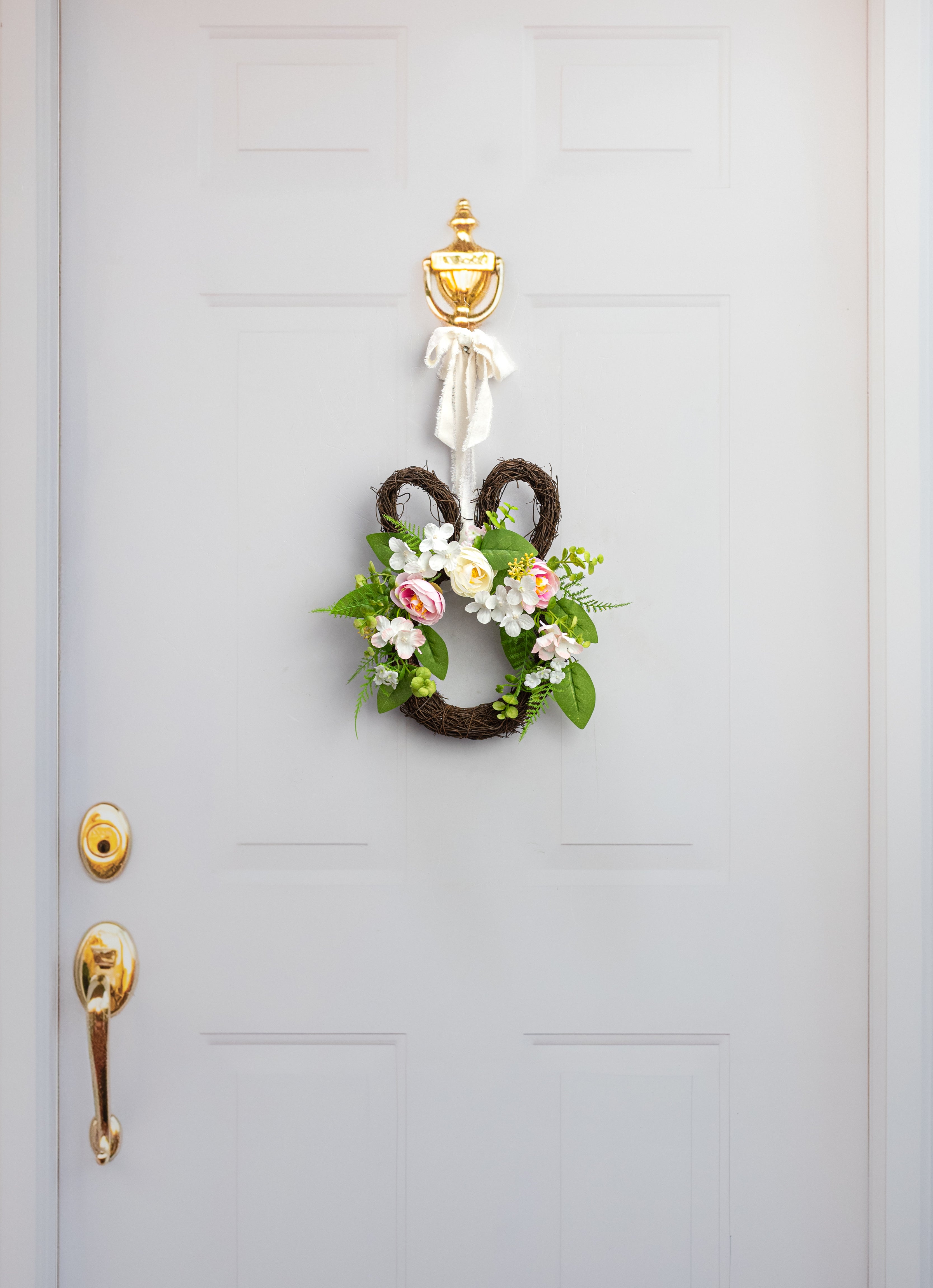 12" Bunny Head Twig Wreath w/ Flowers & Ferns