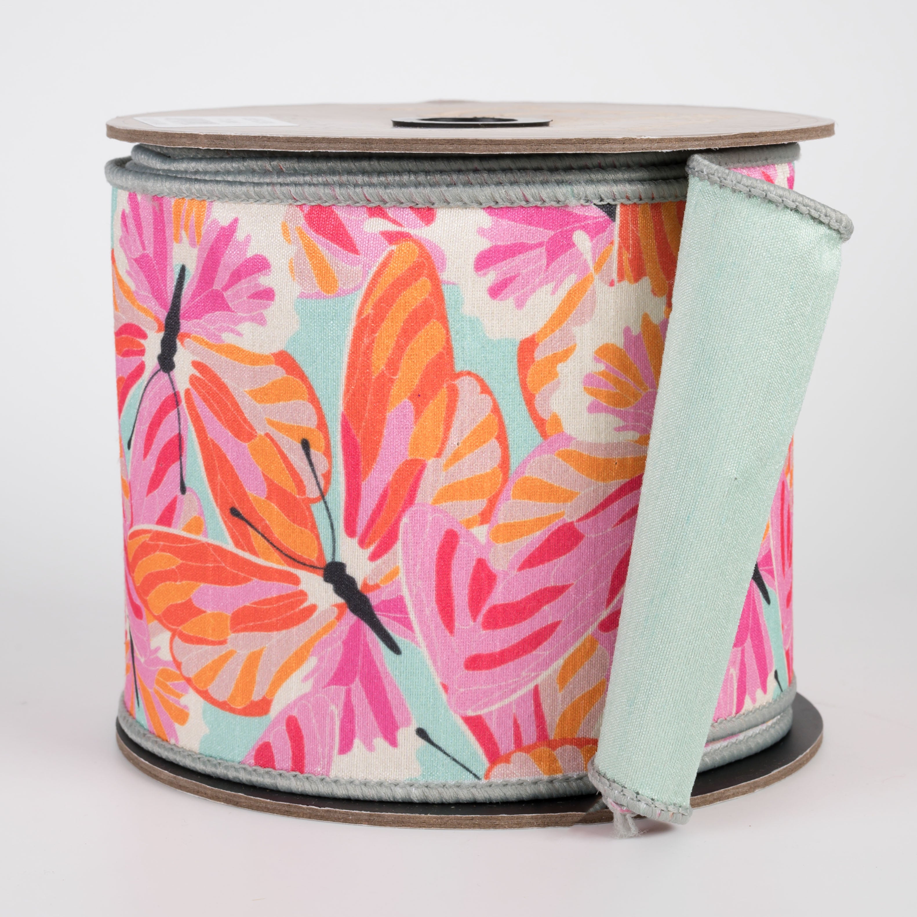 [D Stevens] 4" Colorful Butterflies on Dupioni Ribbon: Orange & Pink on Celadon (10 Yards)