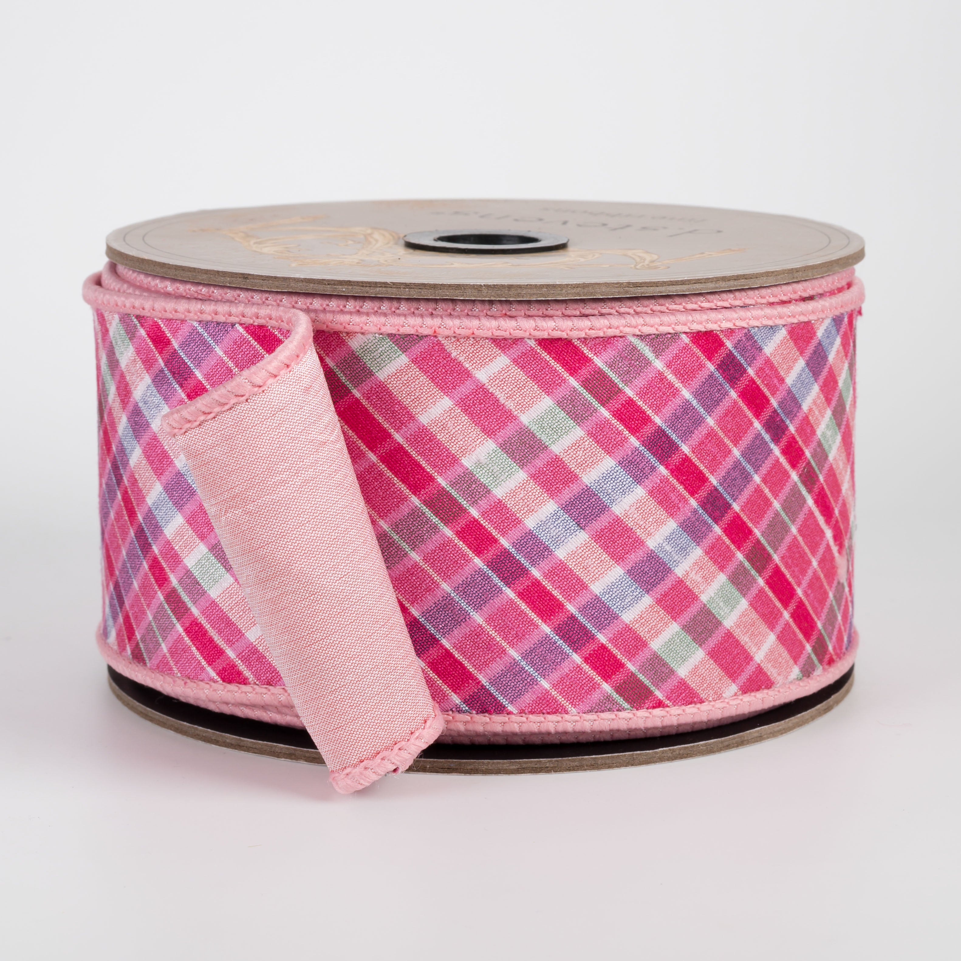 [D Stevens] 2.5" Dupioni Diagonal Camellia Plaid Ribbon: Pinks (10 Yards)