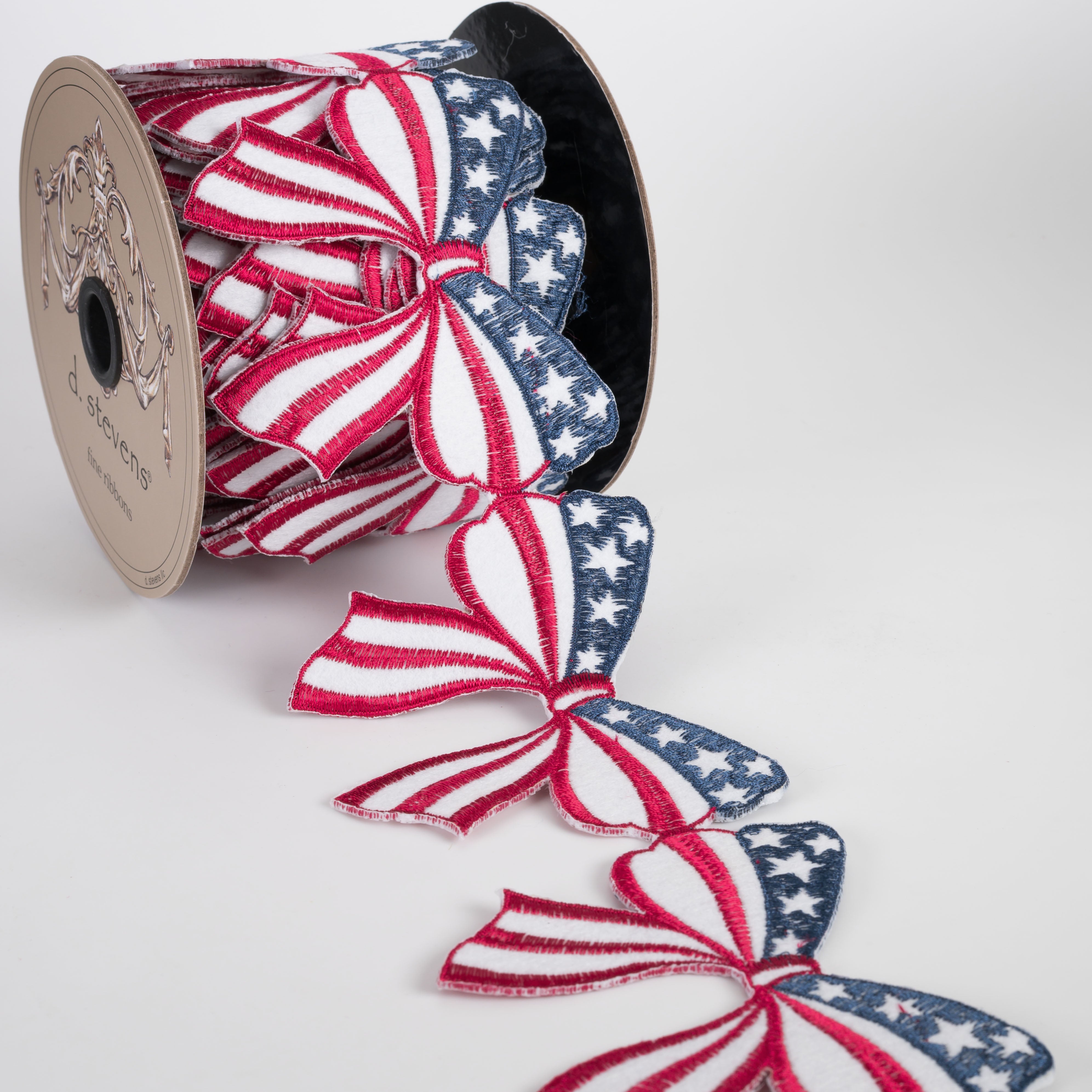 [D Stevens] 3.5" Unwired Embroidered Stars & Stripes Bows Ribbon (5 Yards)