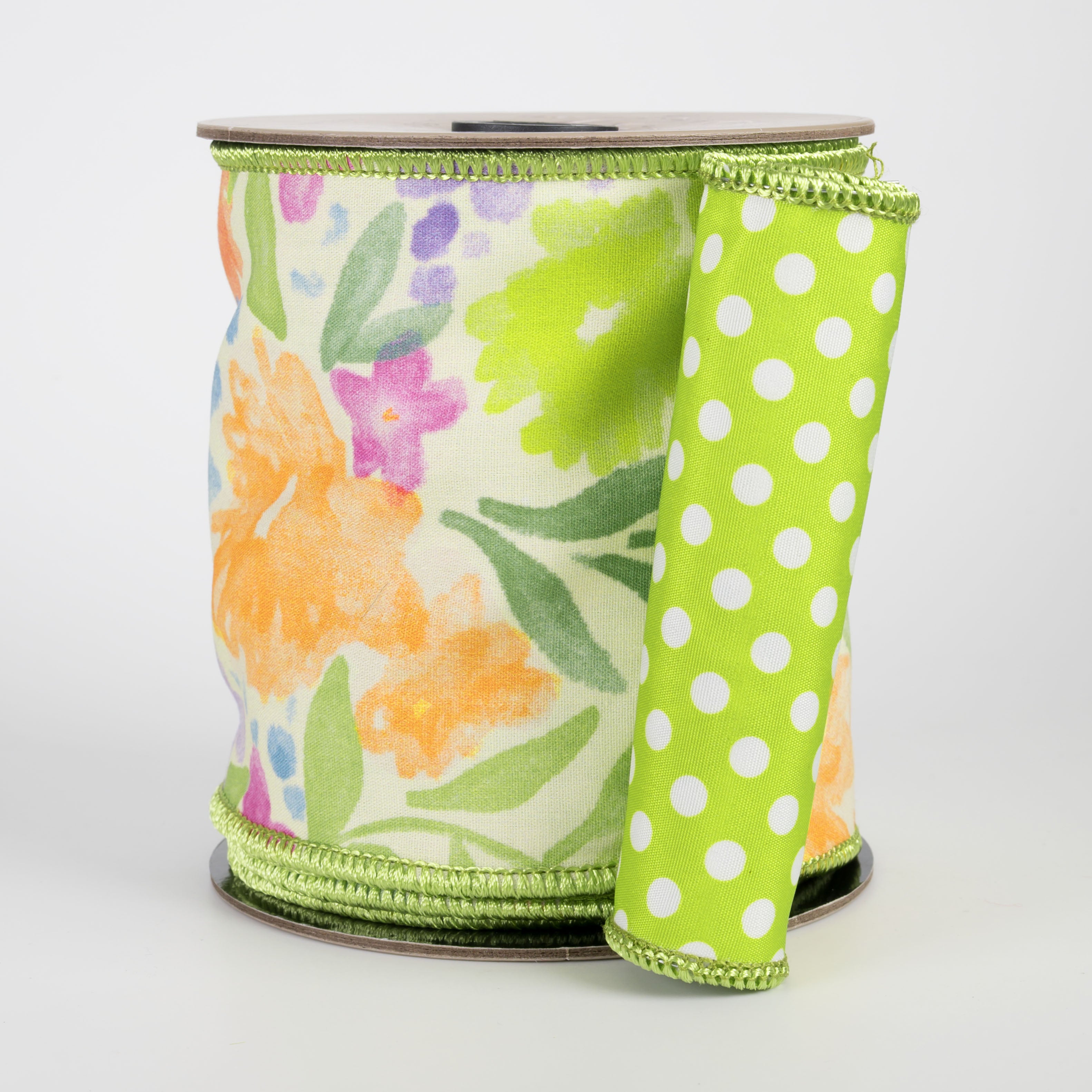 [D Stevens] 4" Poplin Watercolor Flowers & Polkadot Ribbon: Lime Green (10 Yards)