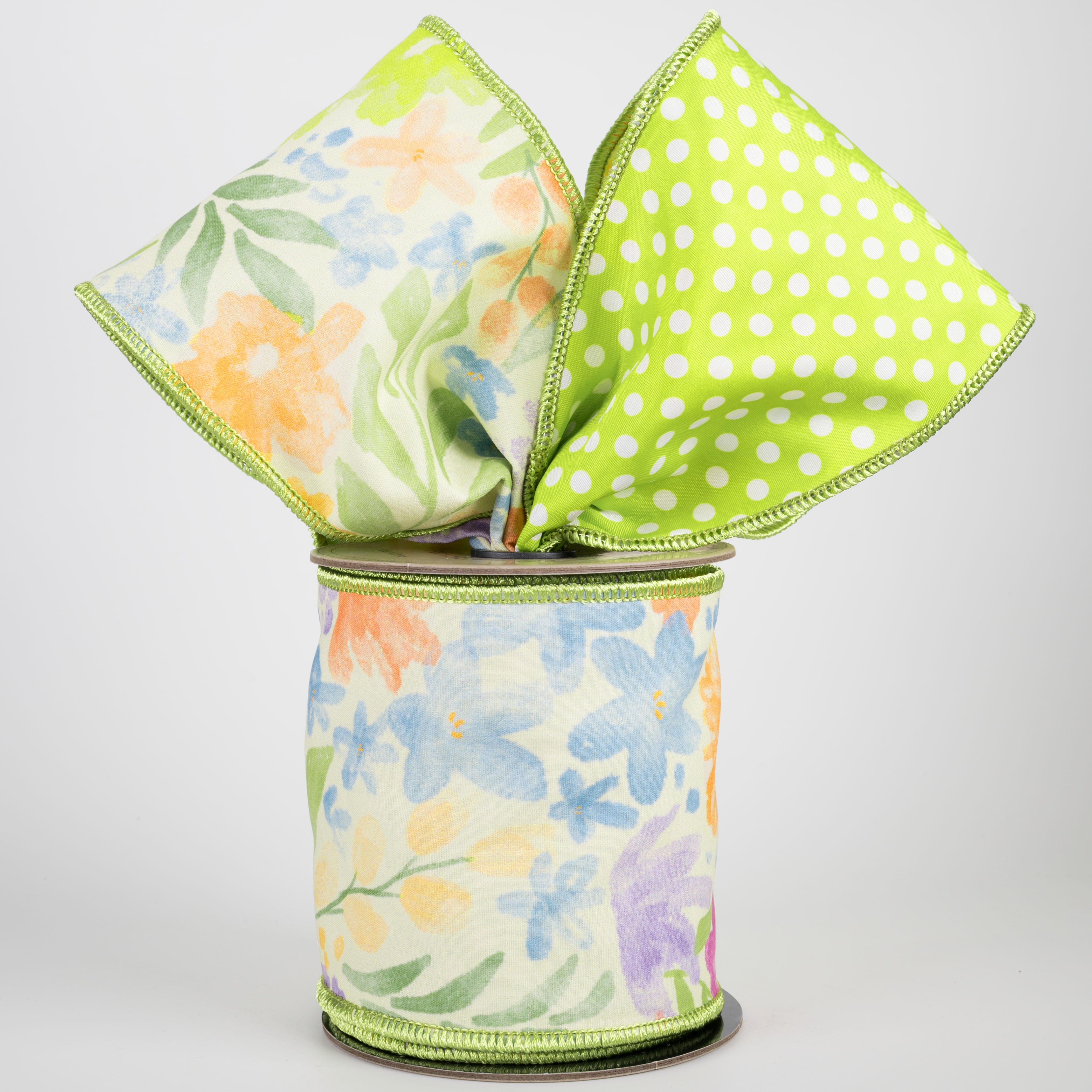 [D Stevens] 4" Poplin Watercolor Flowers & Polkadot Ribbon: Lime Green (10 Yards)