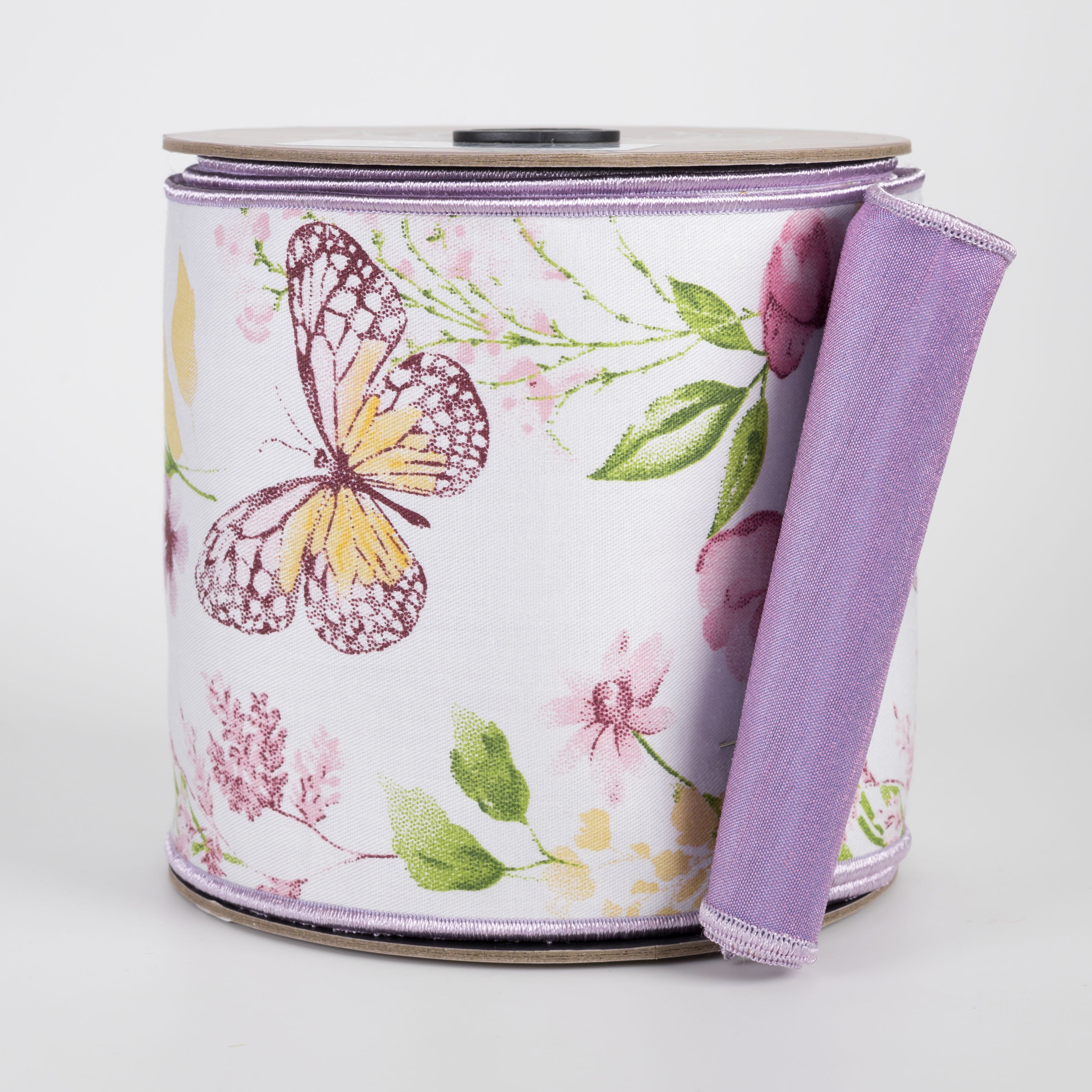 [D Stevens] 4" Taffeta Spring Floral Garden Butterflies Ribbon: Lavender (10 Yards)