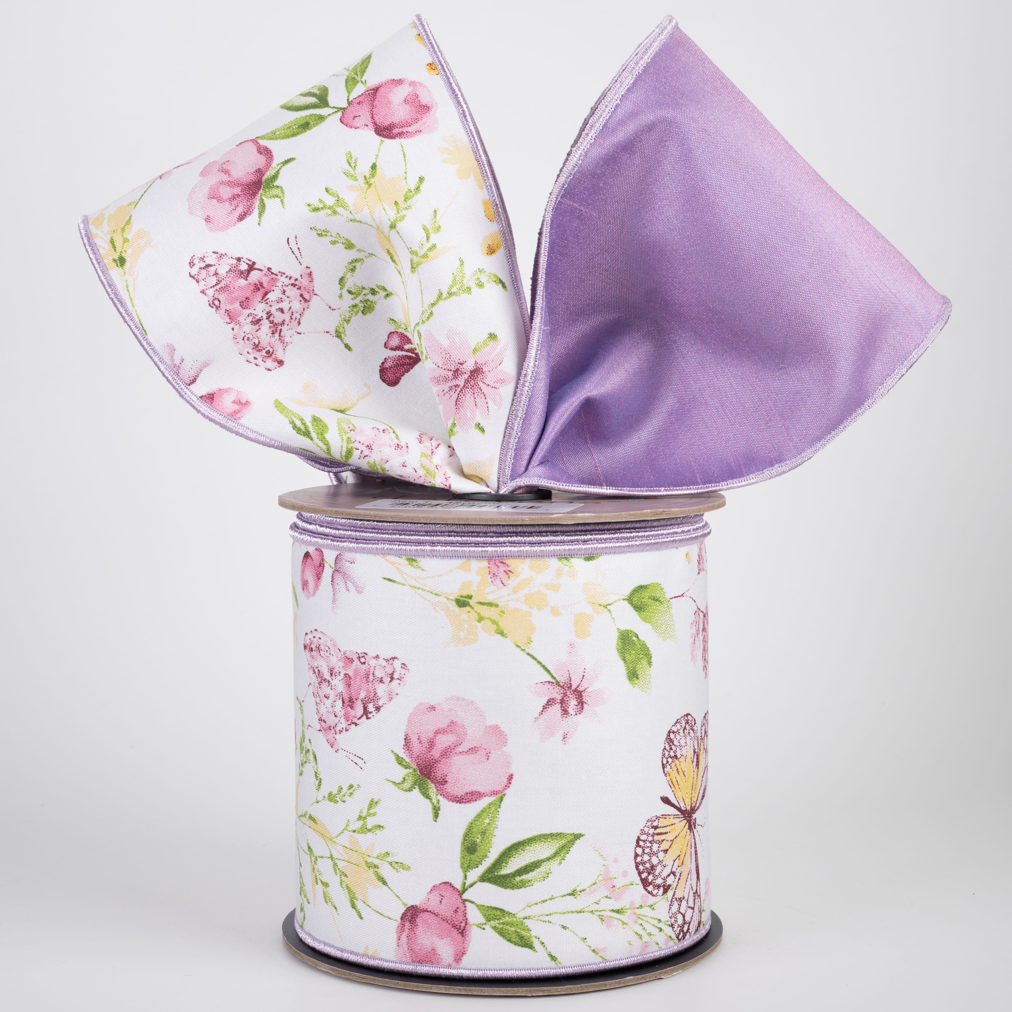 [D Stevens] 4" Taffeta Spring Floral Garden Butterflies Ribbon: Lavender (10 Yards)