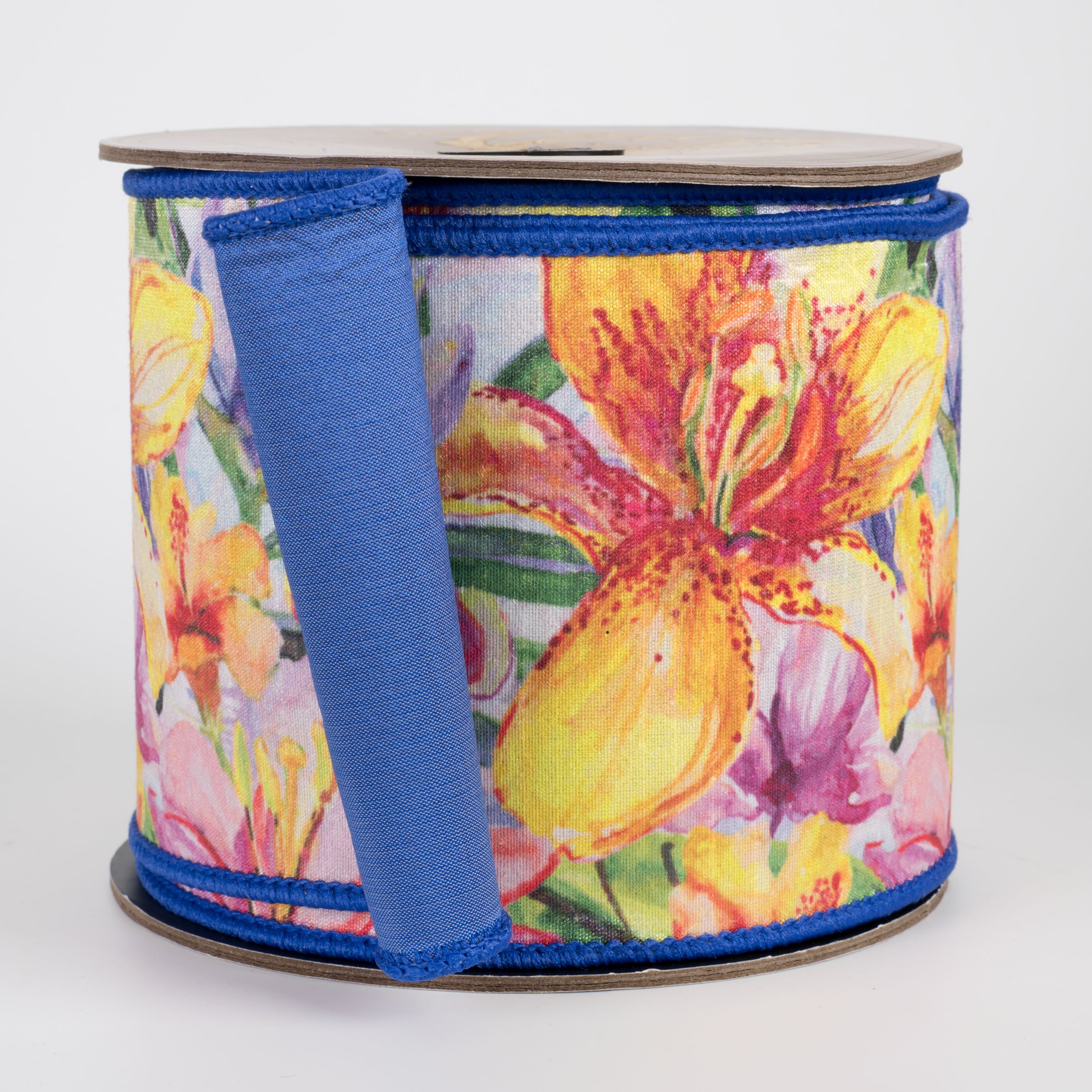 [D Stevens] 4" Watercolor Florals on Dupioni Ribbon: Royal Blue (10 Yards)
